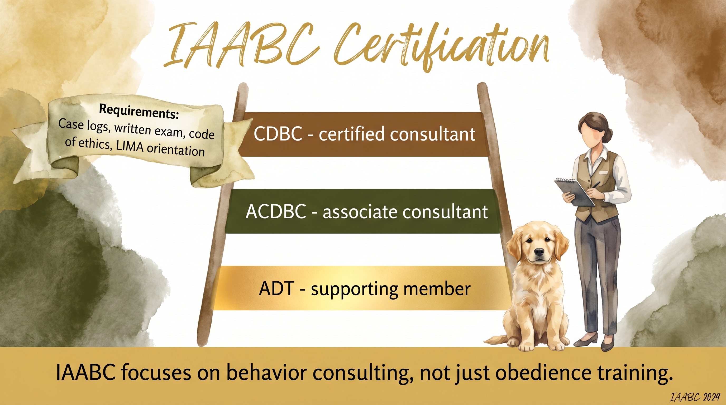 Infographic: IAABC certification showing ADT ACDBC and CDBC credential ladder with behavior consulting focus - Just Behaving Wiki
