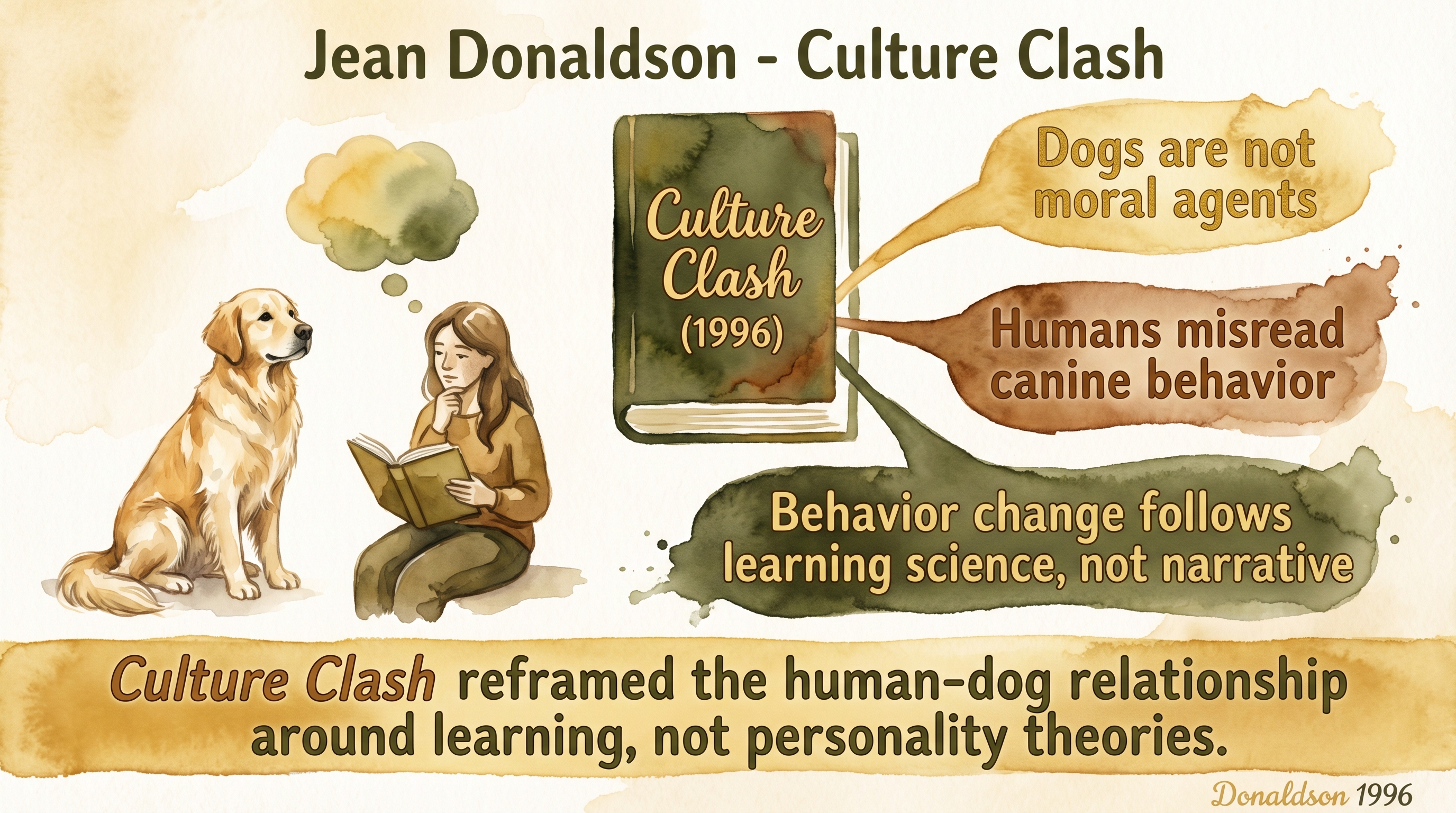 Infographic: Jean Donaldson Culture Clash showing three core ideas reframing the human-dog relationship around learning science - Just Behaving Wiki