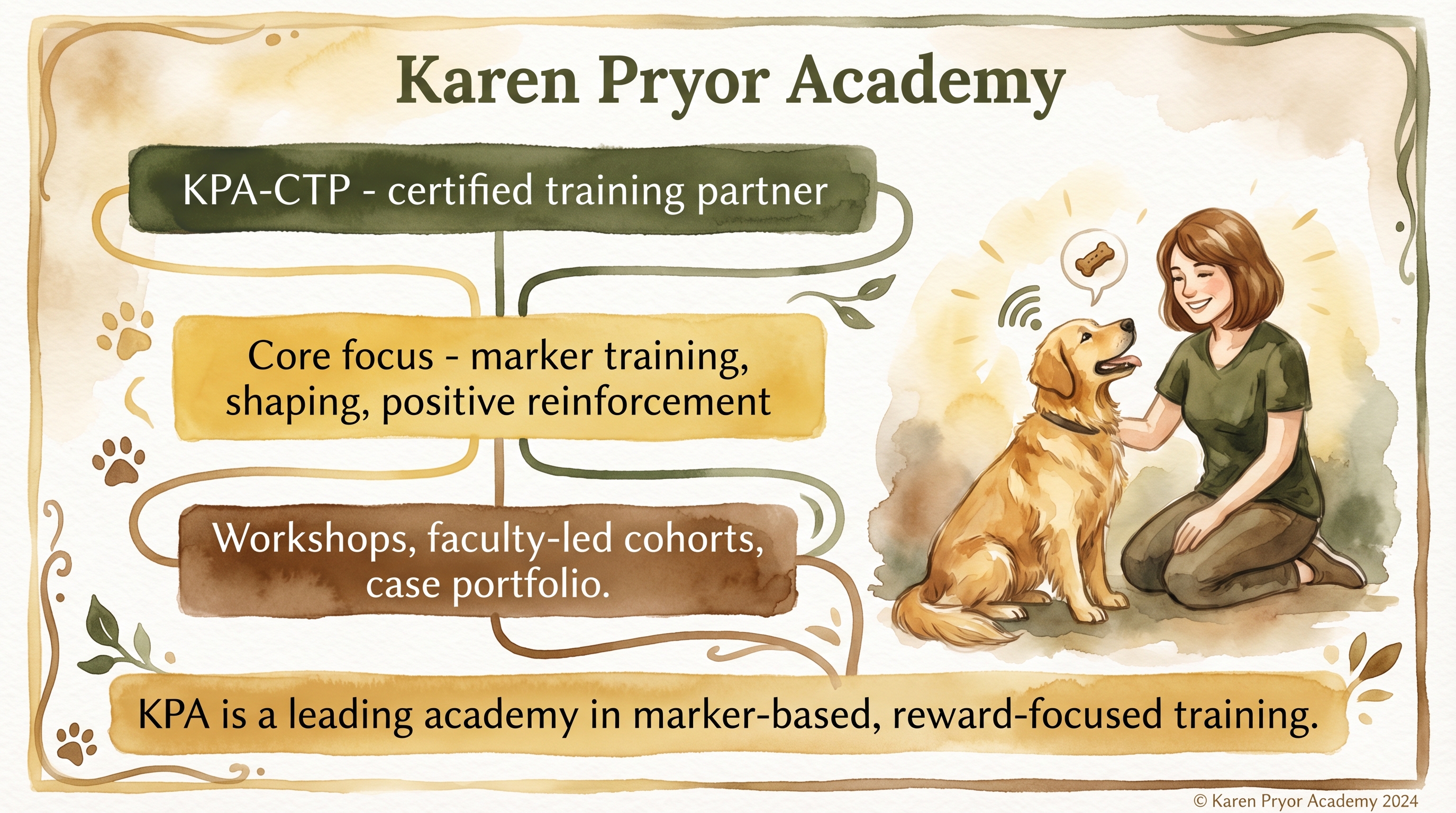Infographic: Karen Pryor Academy showing KPA-CTP credential program and marker-based training focus - Just Behaving Wiki