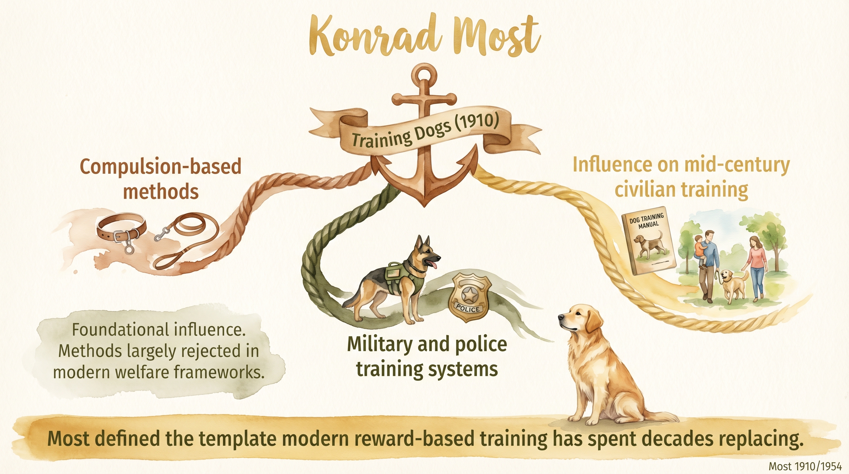 Infographic: Konrad Most and military training showing 1910 foundational text and compulsion-based legacy - Just Behaving Wiki