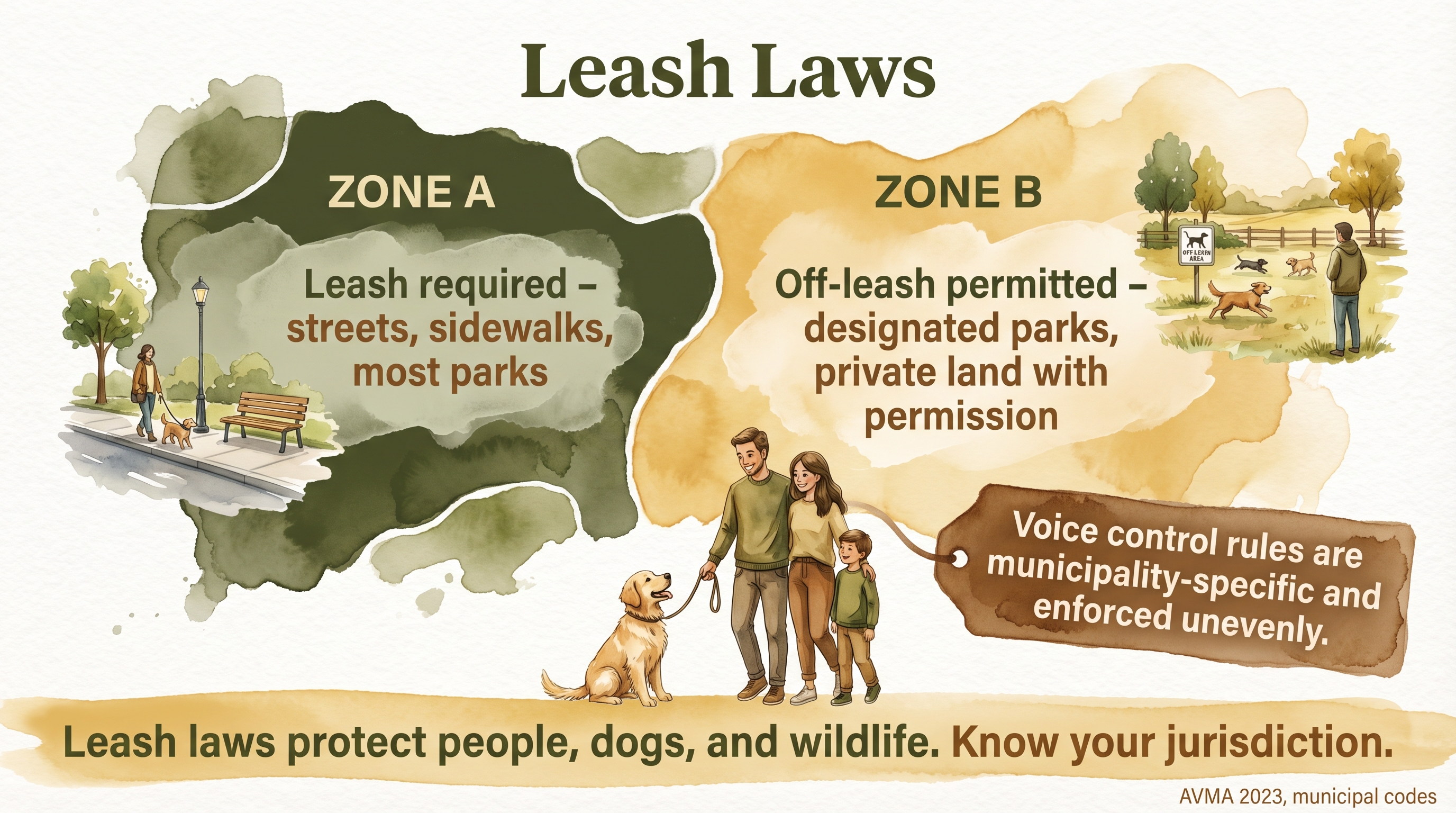 Infographic: Leash laws and off-leash areas showing two-zone map and voice-control enforcement variation - Just Behaving Wiki