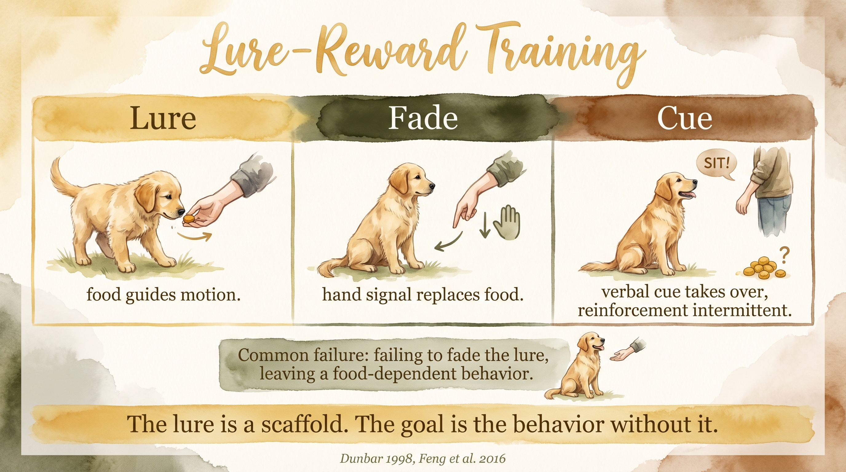 Infographic: Lure-reward training showing three-phase progression from lure through cue with fade step - Just Behaving Wiki