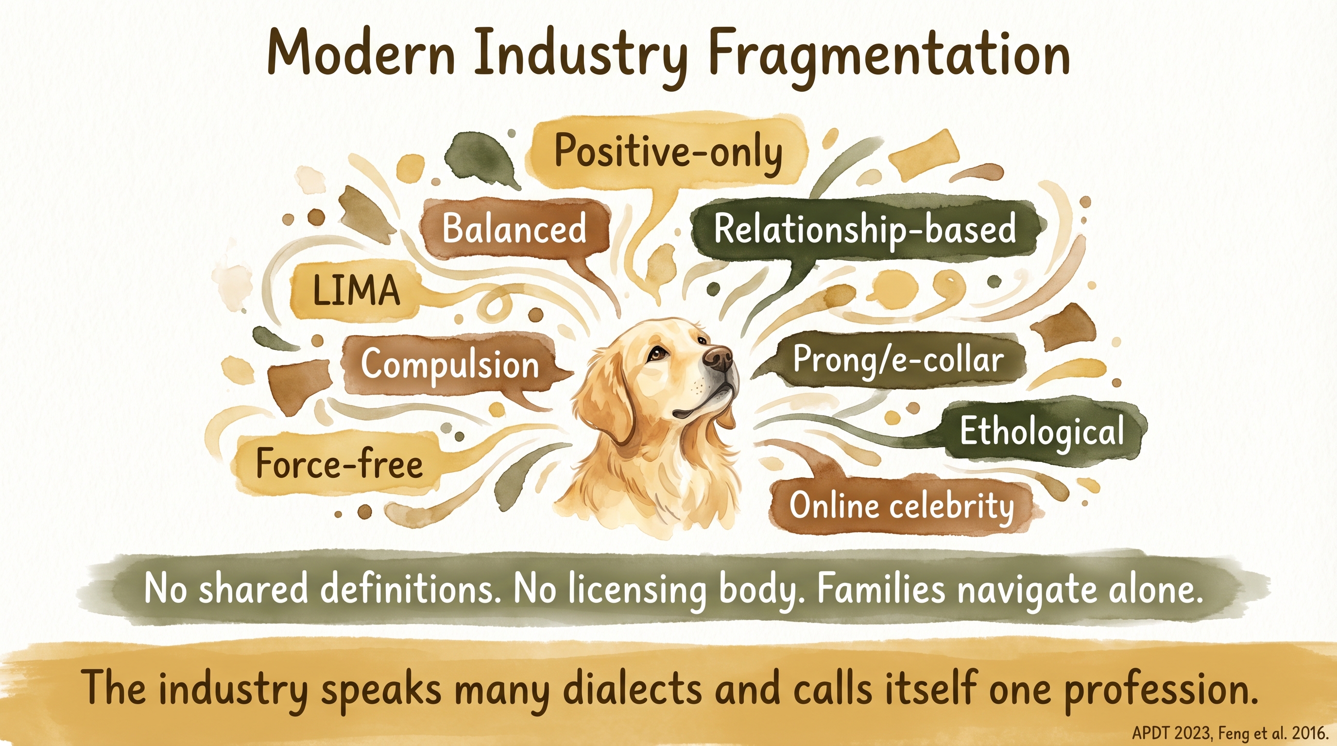 Infographic: Modern industry fragmentation showing competing labels and absence of shared definitions - Just Behaving Wiki