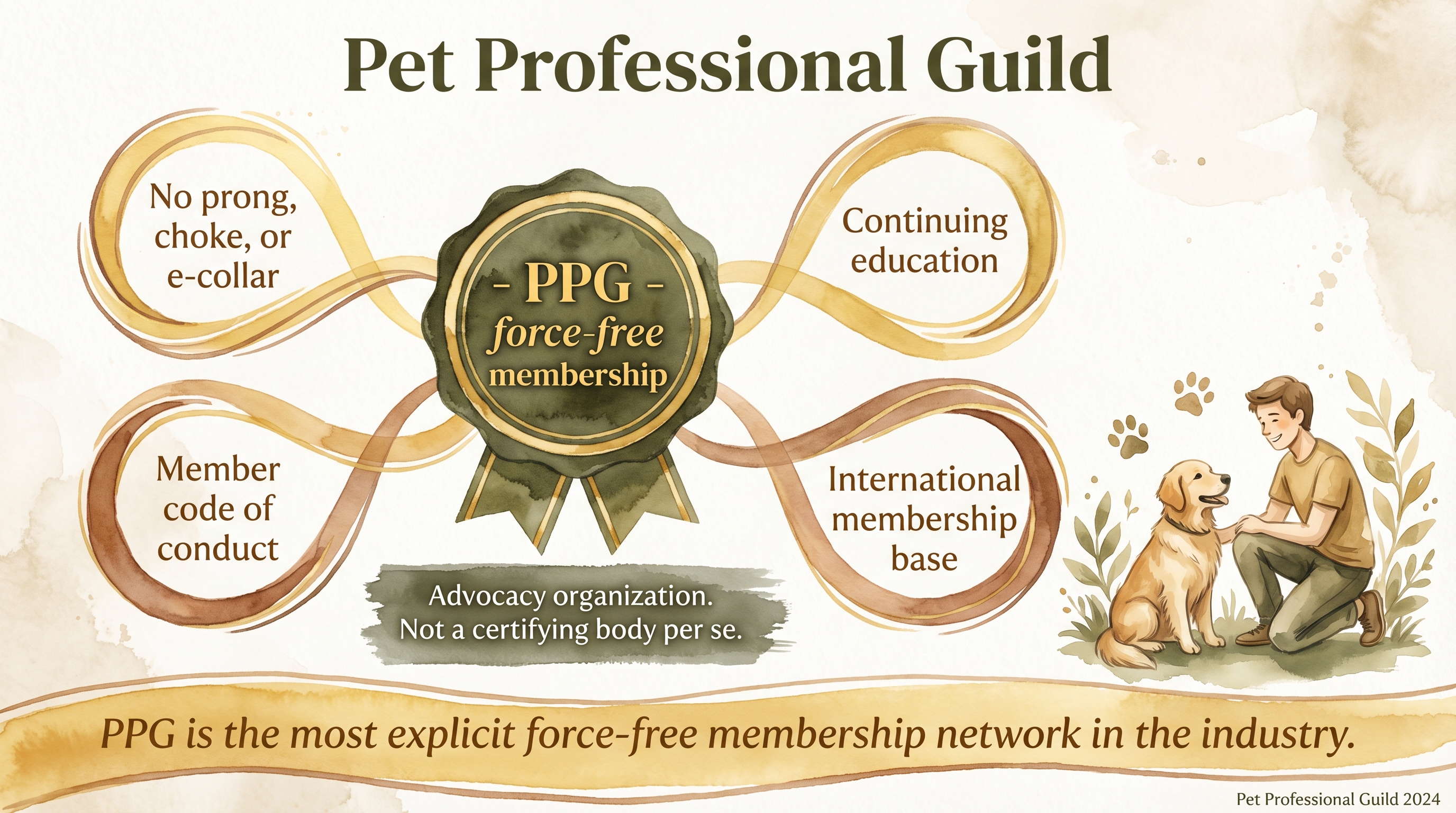 Infographic: Pet Professional Guild showing force-free membership standards and code of conduct scope - Just Behaving Wiki