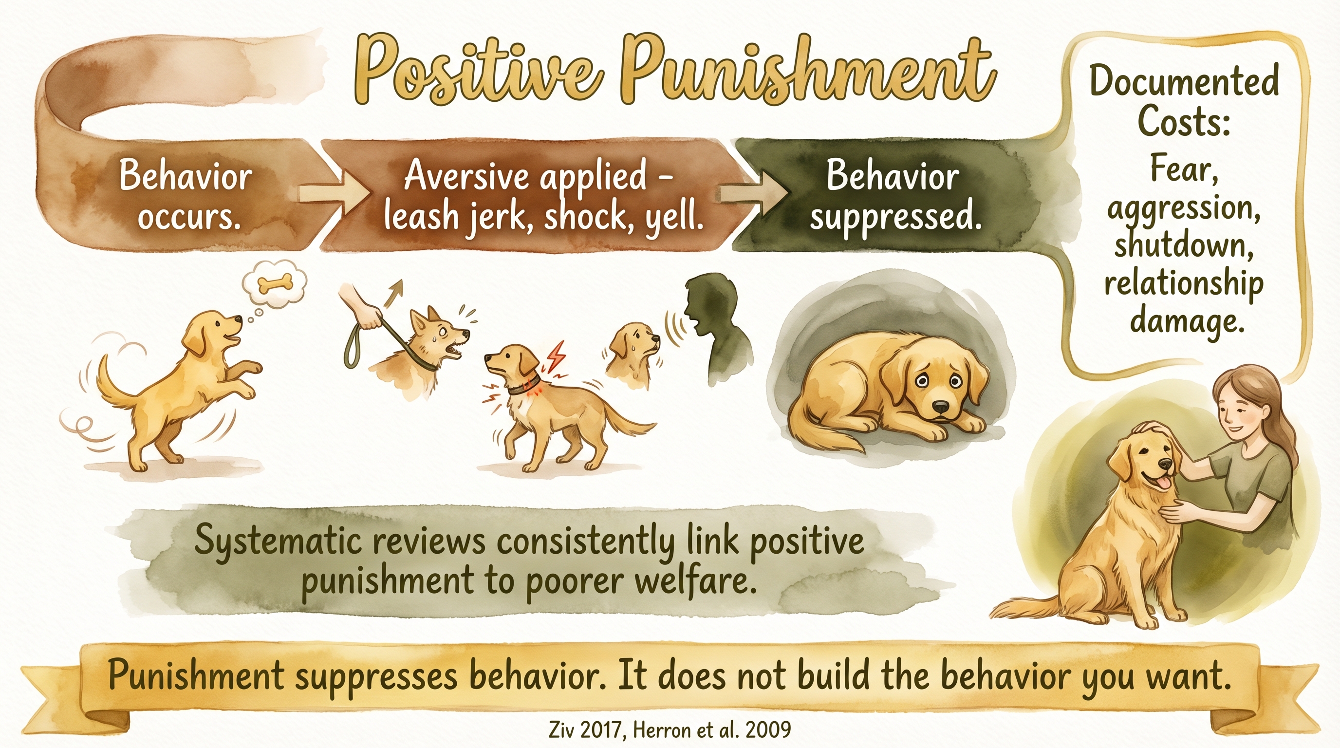 Infographic: Positive punishment and corrections showing aversive application and four documented welfare costs - Just Behaving Wiki