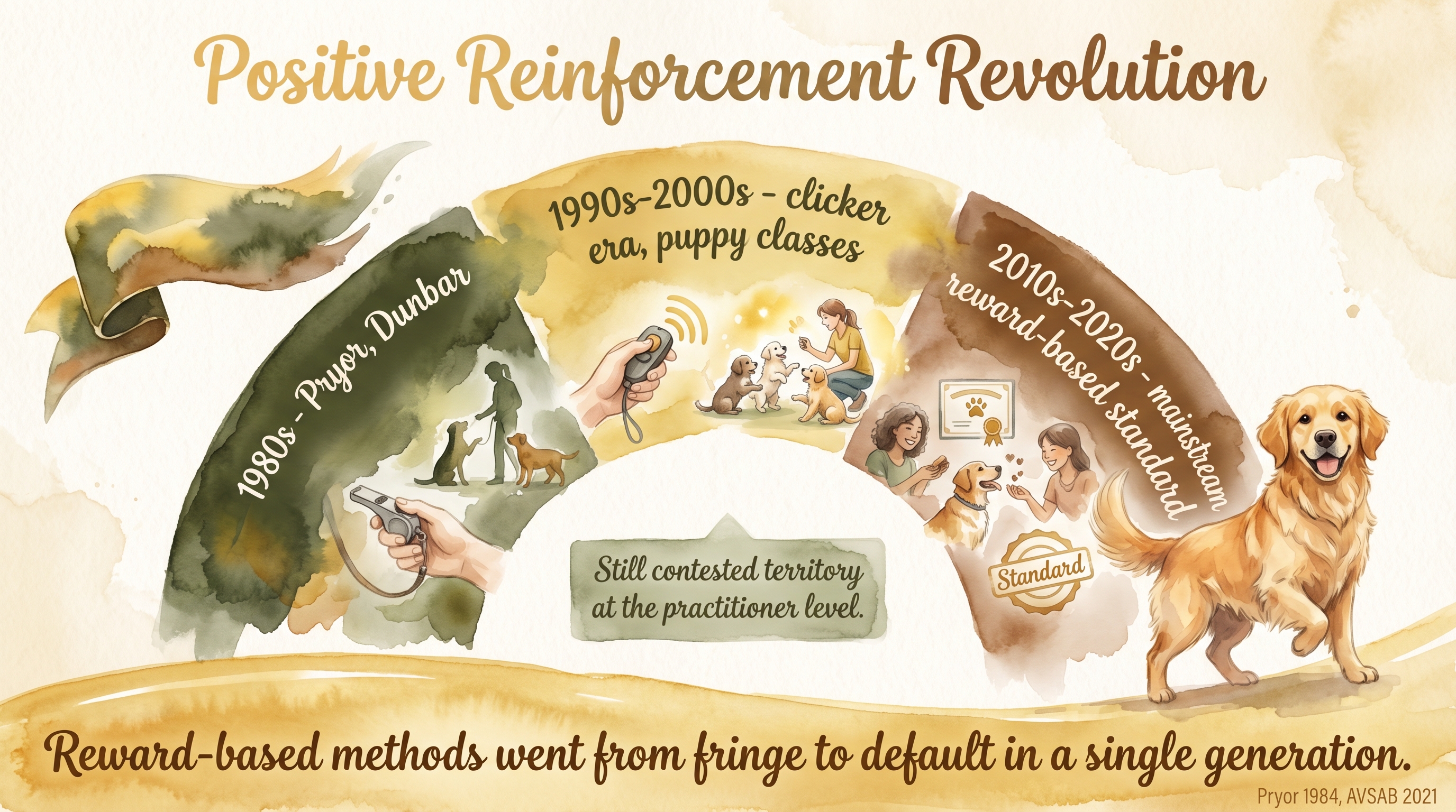 Infographic: Positive reinforcement revolution showing three-decade arc from fringe method to mainstream standard - Just Behaving Wiki