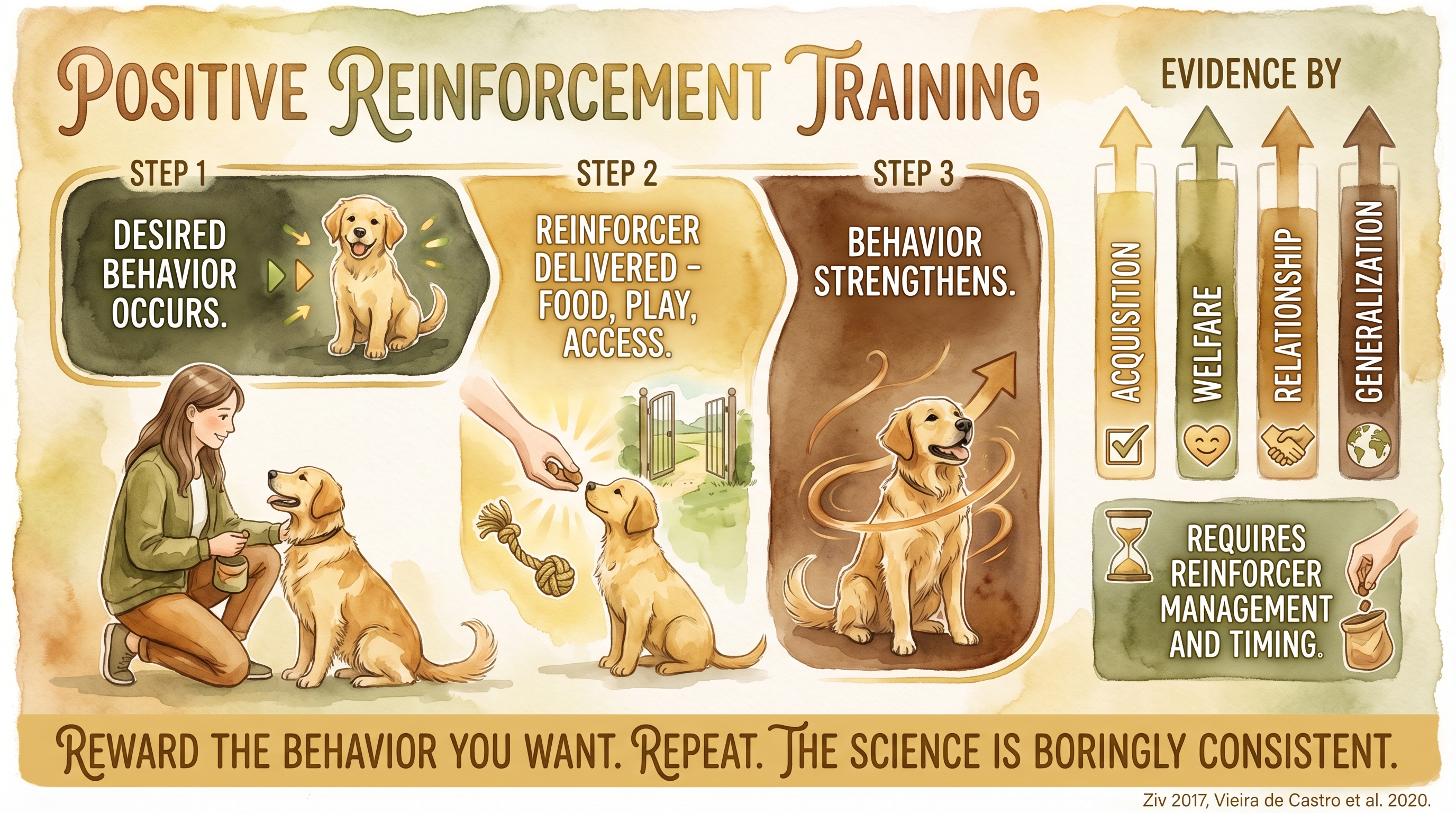 Infographic: Positive reinforcement training showing three-step reinforcement sequence and four favorable evidence bars - Just Behaving Wiki