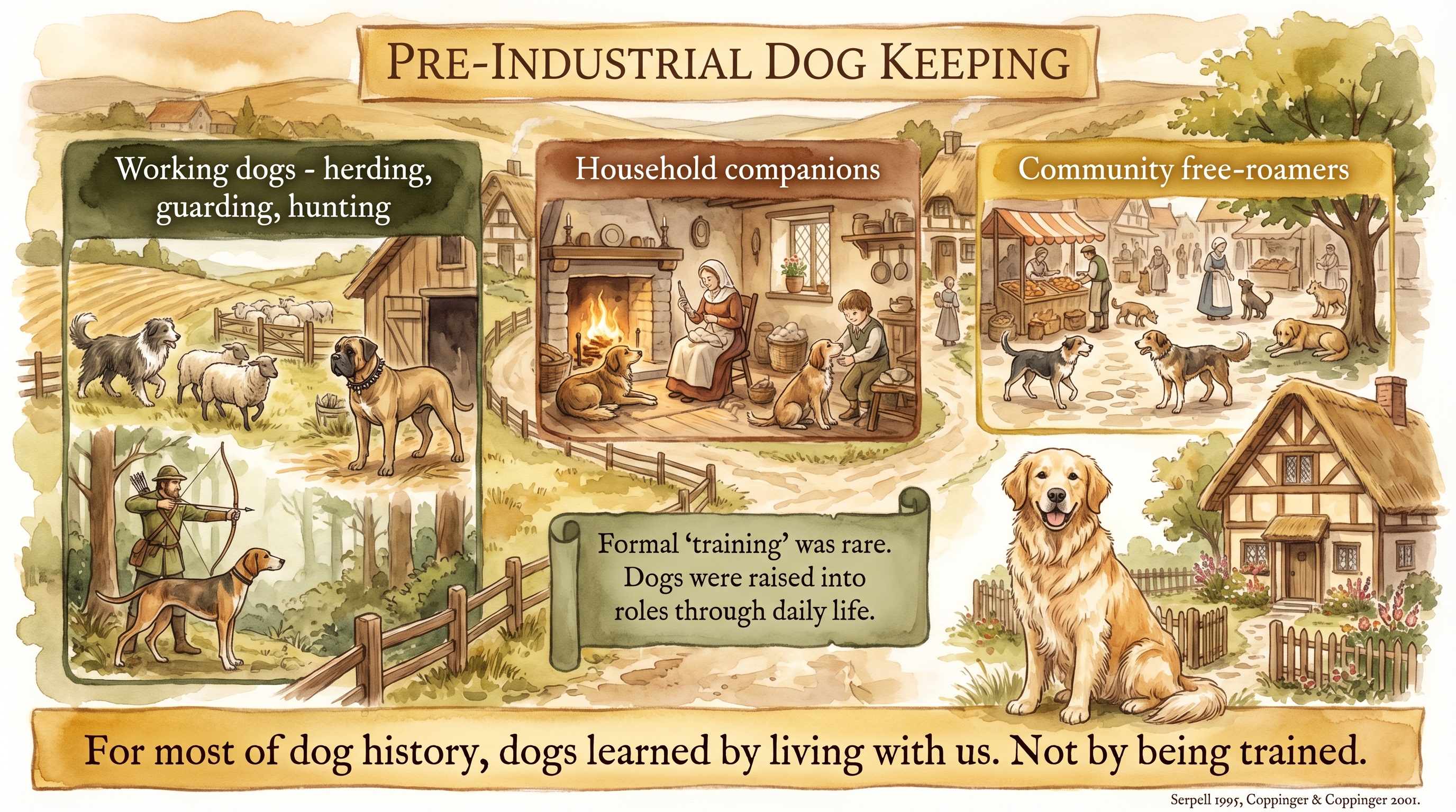 Infographic: Pre-industrial dog keeping showing working companion and community roles across village life - Just Behaving Wiki