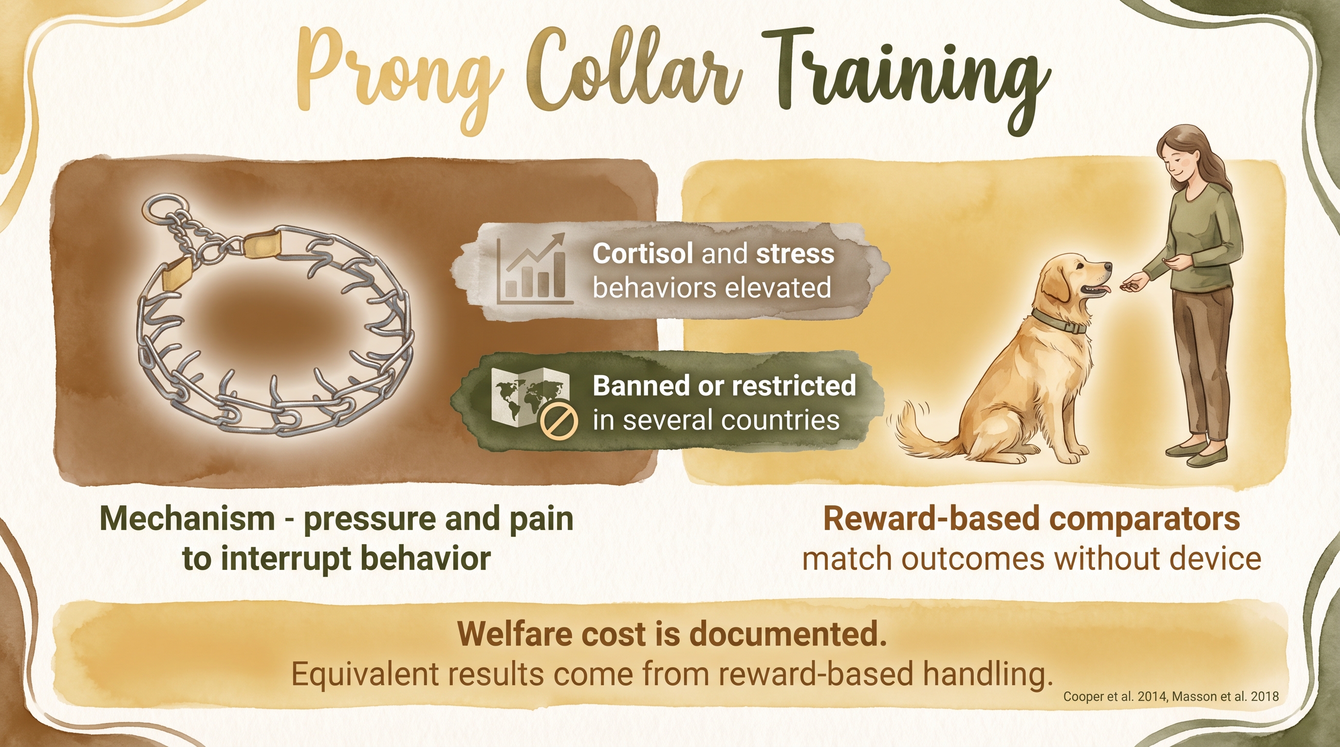 Infographic: Prong collar training showing mechanism welfare evidence and international regulatory restrictions - Just Behaving Wiki