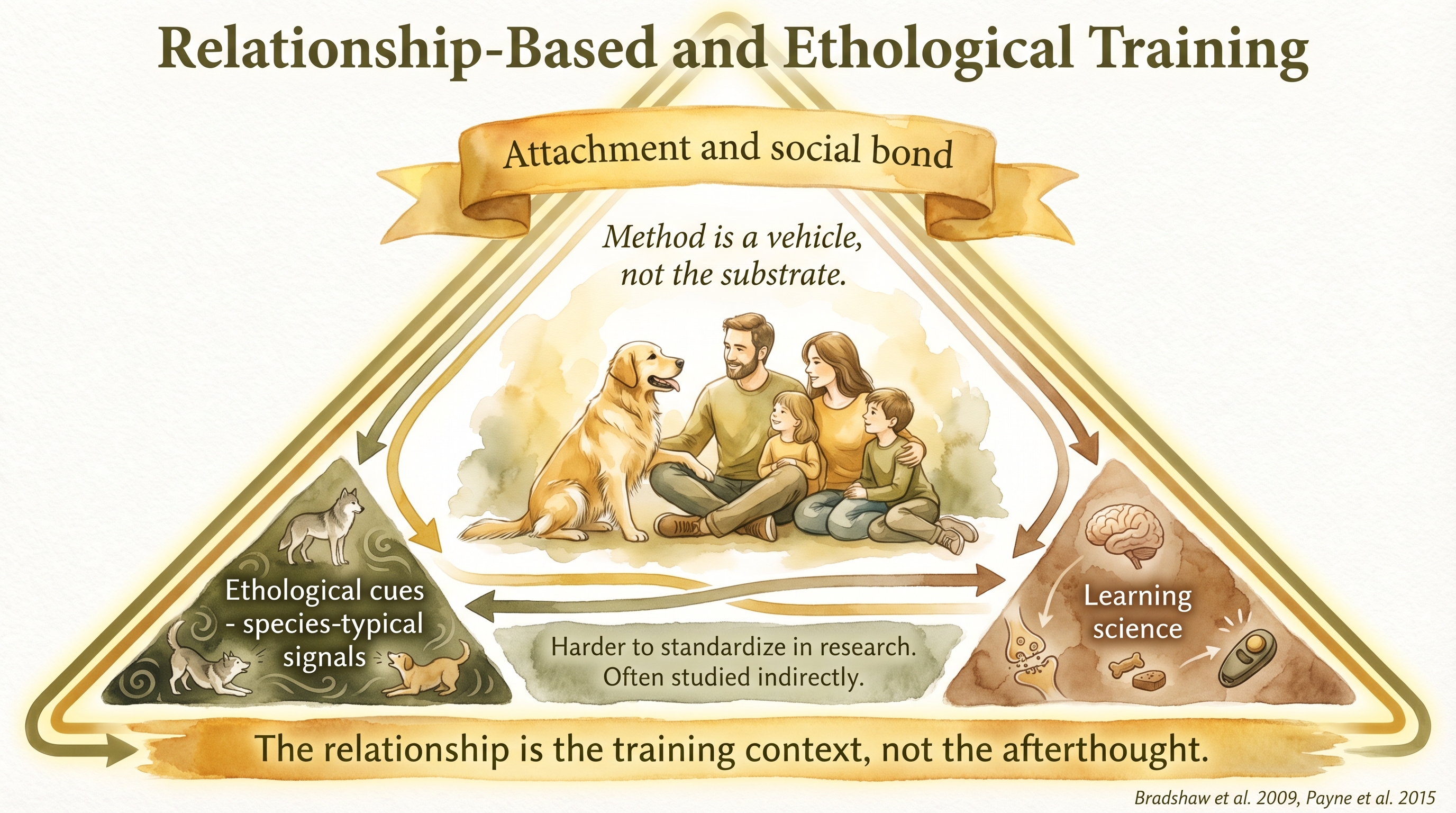 Infographic: Relationship-based and ethological training showing attachment ethology and learning science triangle - Just Behaving Wiki