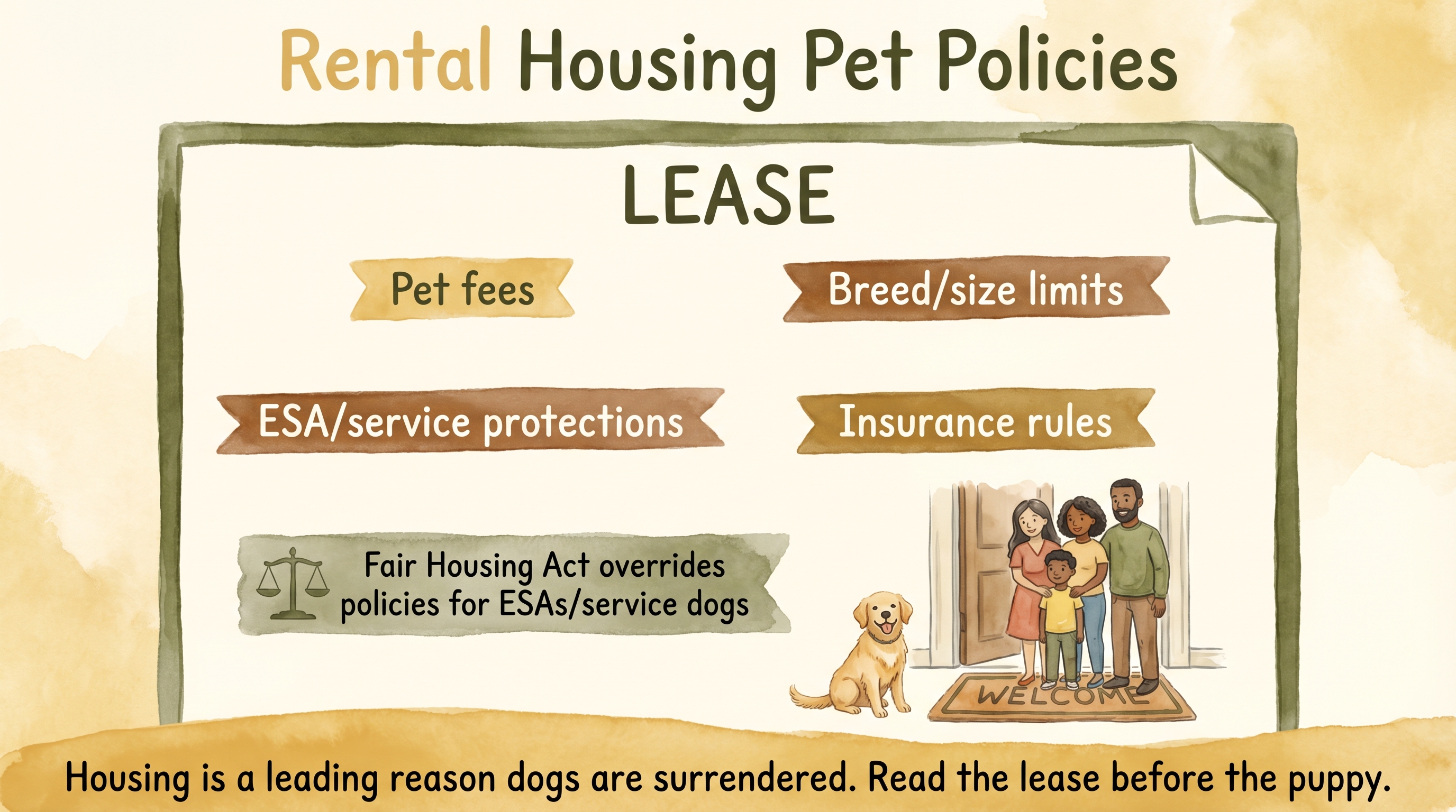 Infographic: Rental housing pet policies showing four common lease clauses and Fair Housing Act protections - Just Behaving Wiki