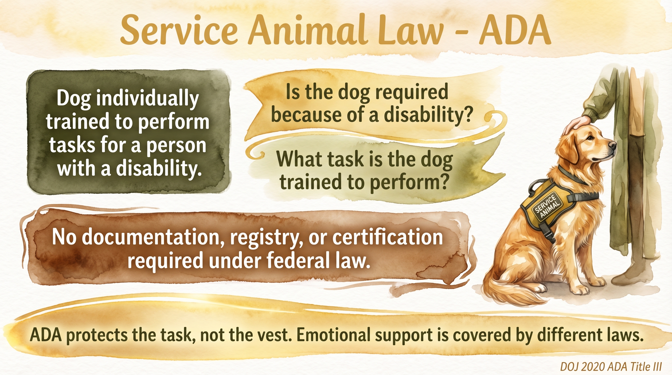 Infographic: Service animal law under the ADA showing task-based definition and two lawful staff questions - Just Behaving Wiki