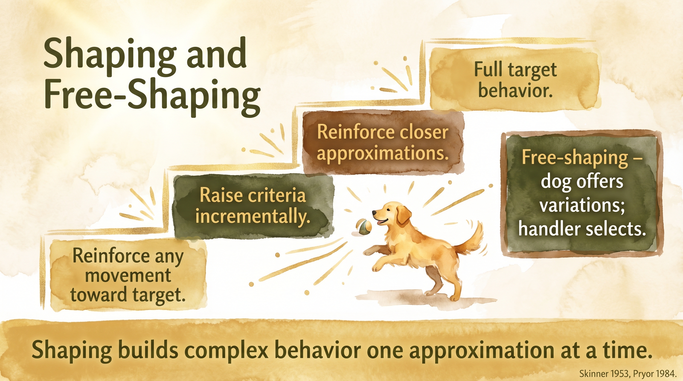 Infographic: Shaping and free-shaping showing staircase of approximations toward target behavior - Just Behaving Wiki