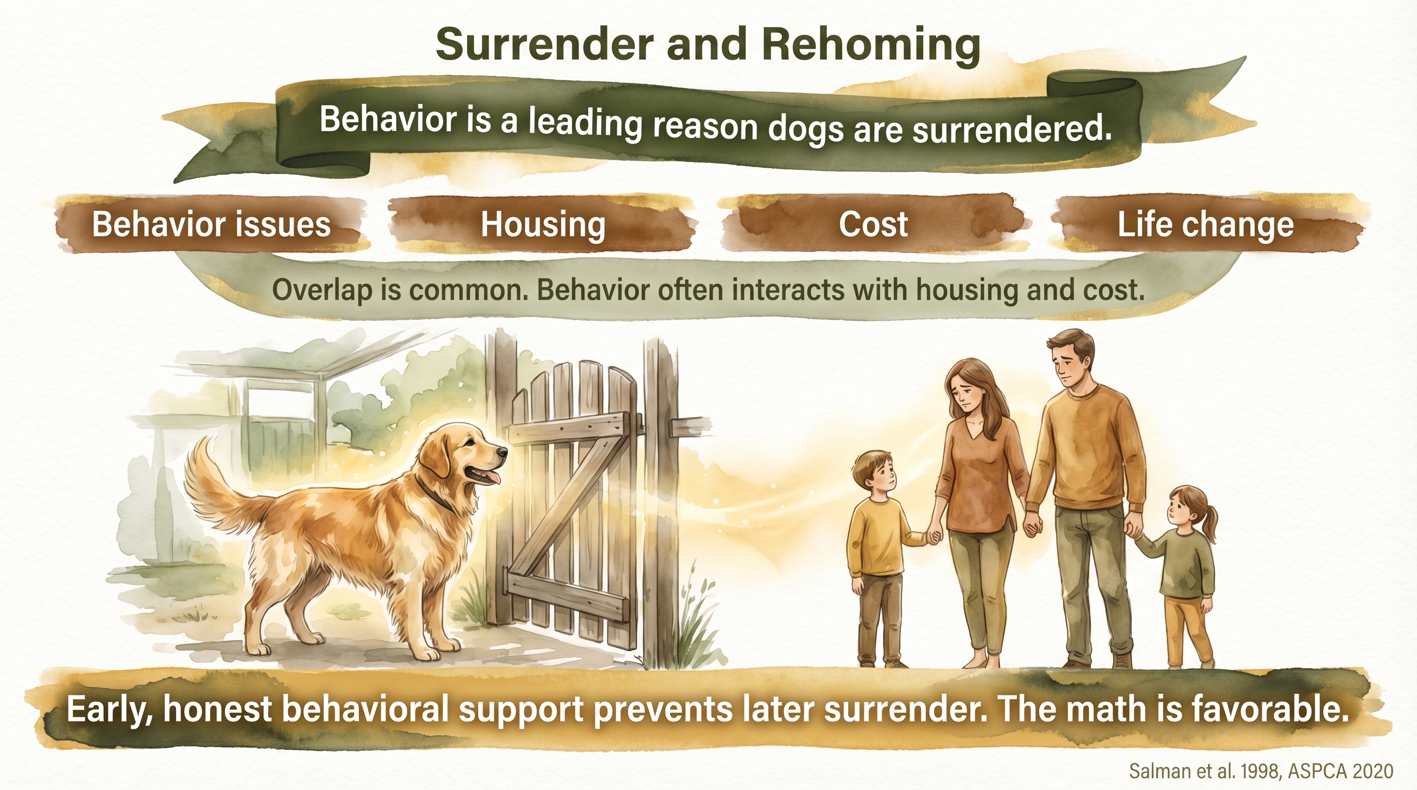 Infographic: Surrender and rehoming data showing four overlapping factors driving dogs out of homes - Just Behaving Wiki