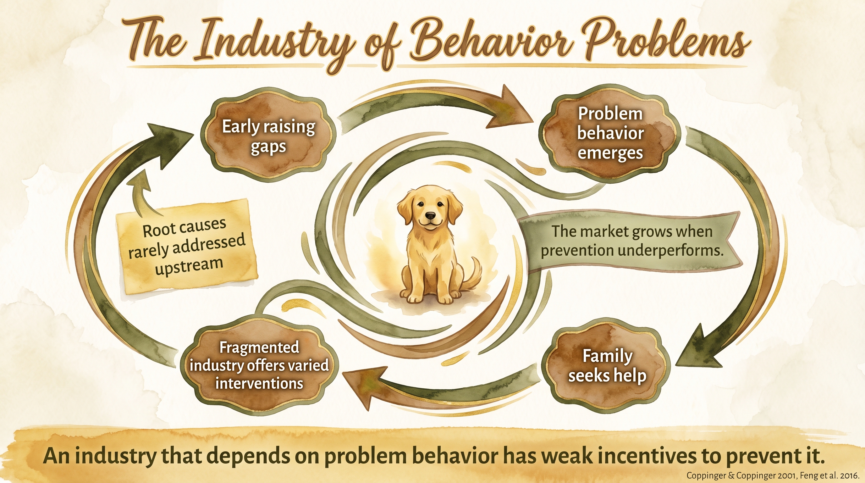 Infographic: The industry of behavior problems showing feedback loop from early gaps through fragmented intervention - Just Behaving Wiki