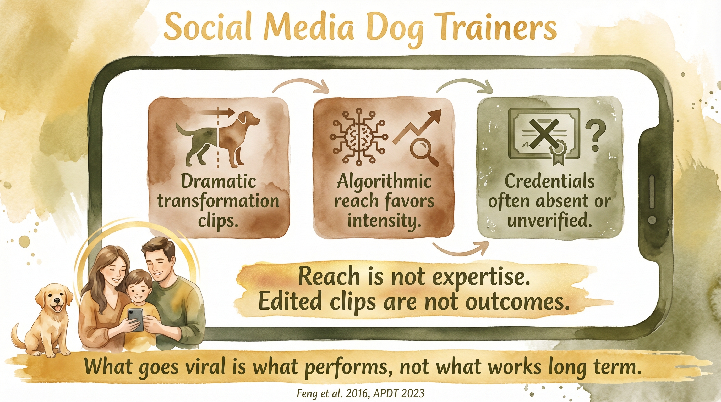 Infographic: The rise of social media dog trainers showing algorithmic reach and absence of verified credentials - Just Behaving Wiki