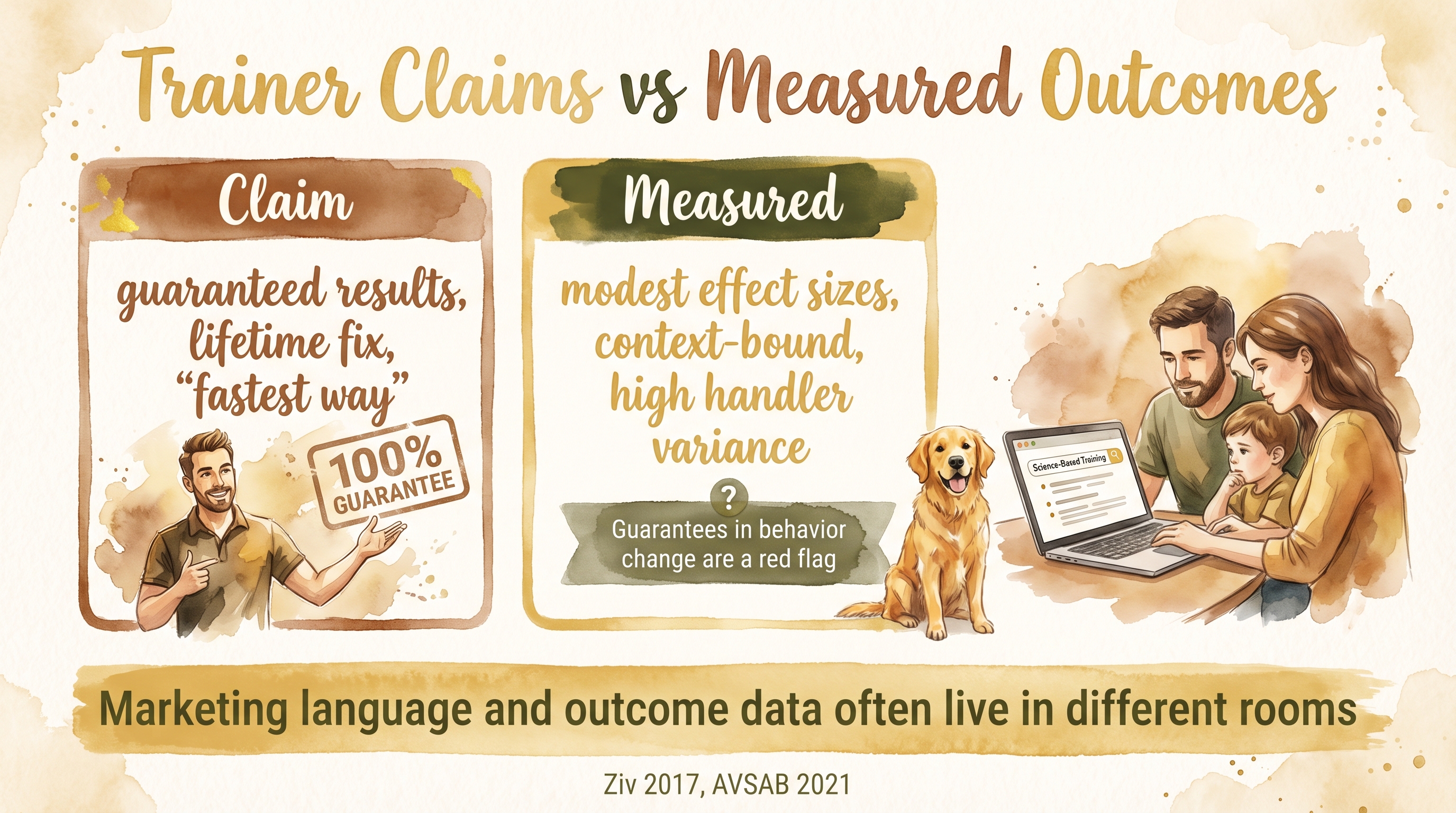 Infographic: Trainer claims versus measured outcomes comparing marketing language to effect sizes and handler variance - Just Behaving Wiki