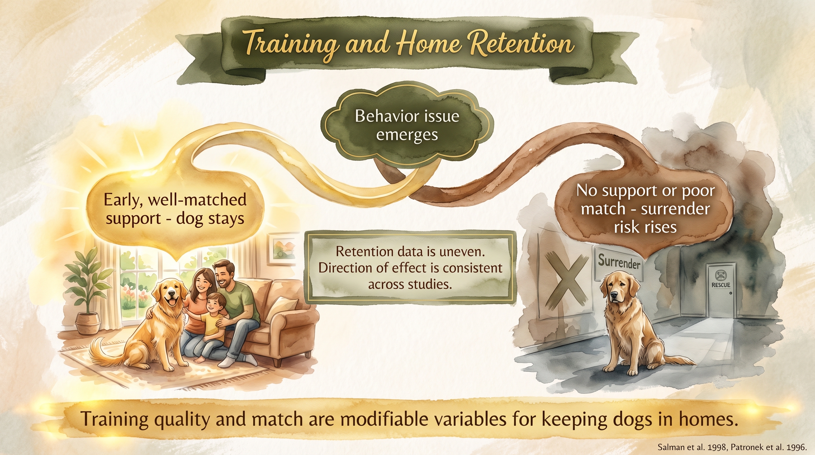 Infographic: Training and home retention showing decision tree from behavior issue through support quality - Just Behaving Wiki