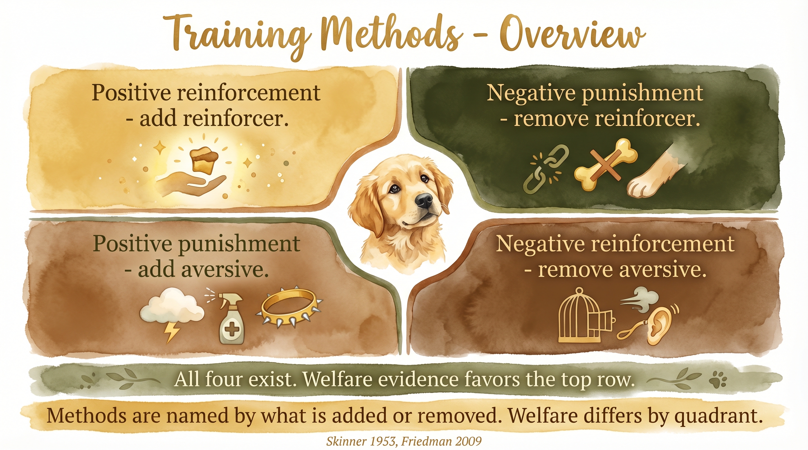 Infographic: Training methods overview showing four-quadrant operant conditioning matrix and welfare differences - Just Behaving Wiki