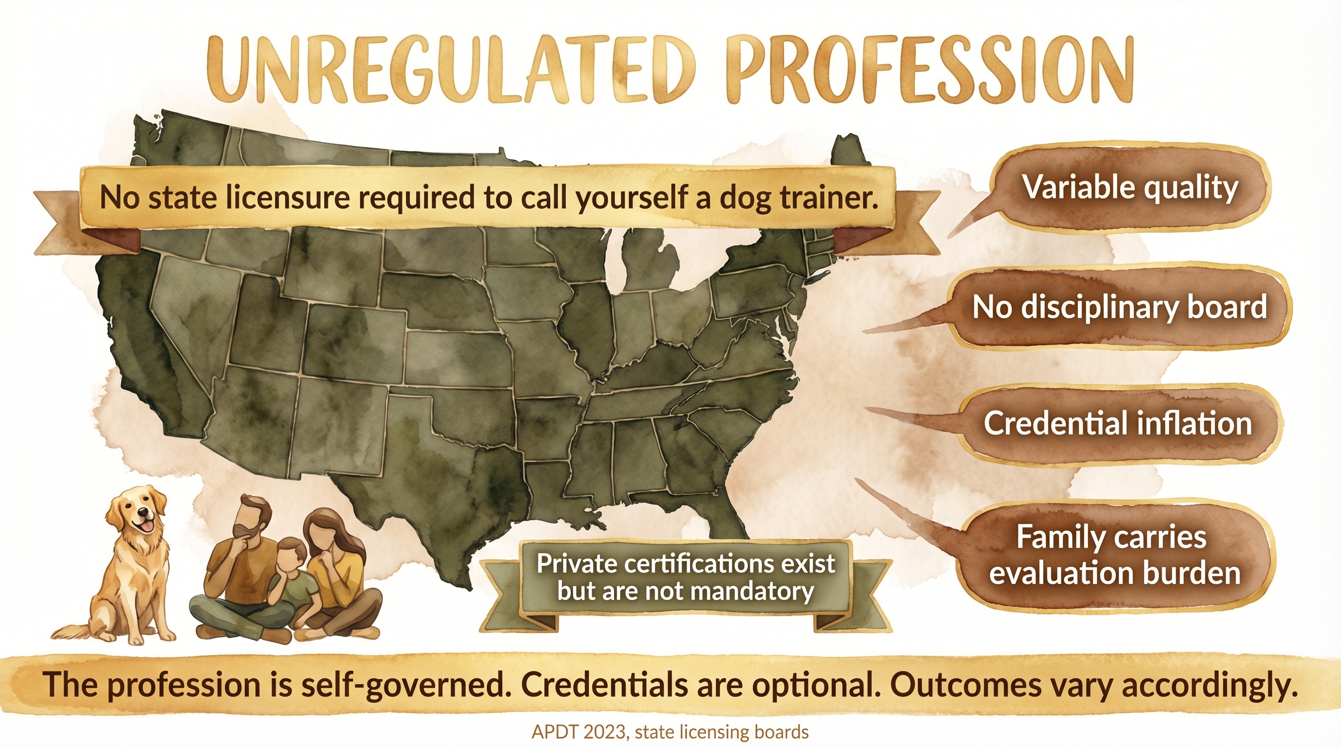 Infographic: Unregulated profession reality showing absence of state licensure and four consequences for families - Just Behaving Wiki