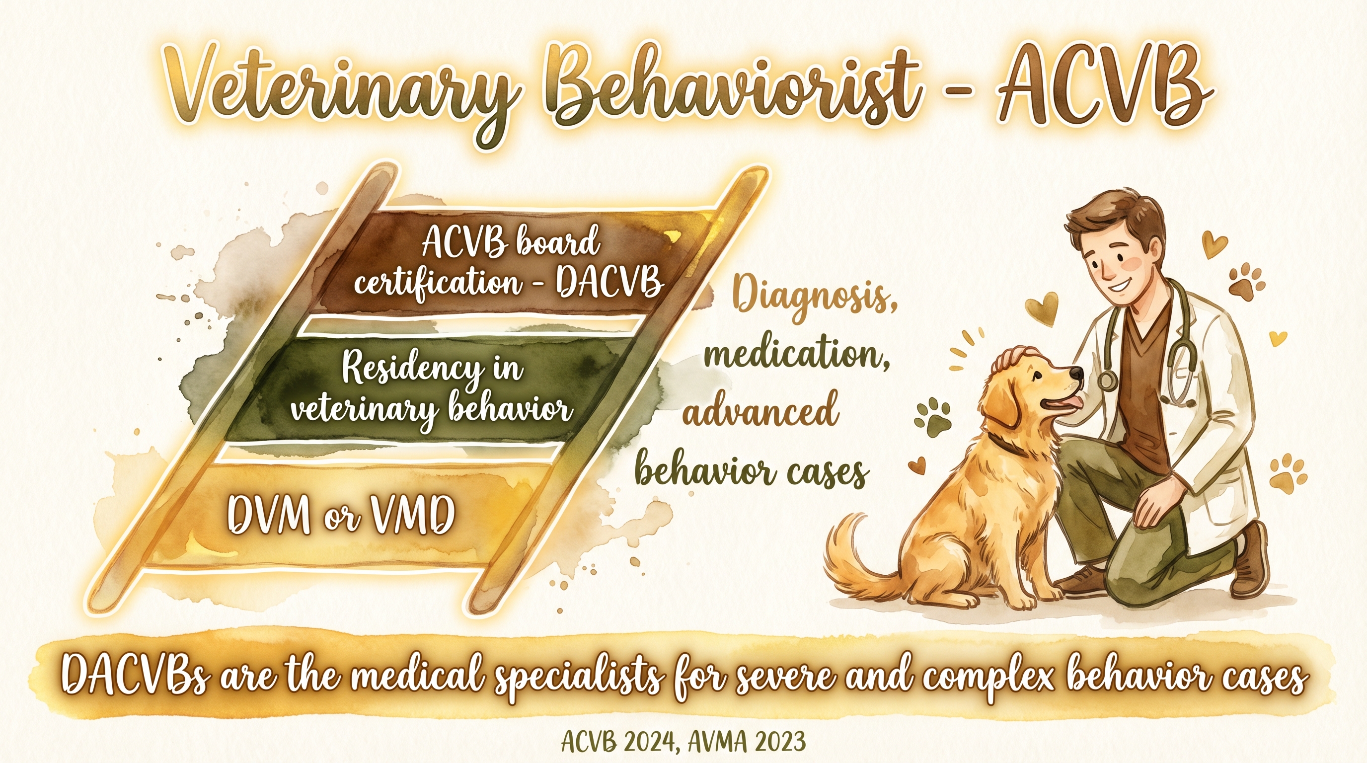 Infographic: Veterinary behaviorist ACVB showing credential ladder from DVM through board certification - Just Behaving Wiki