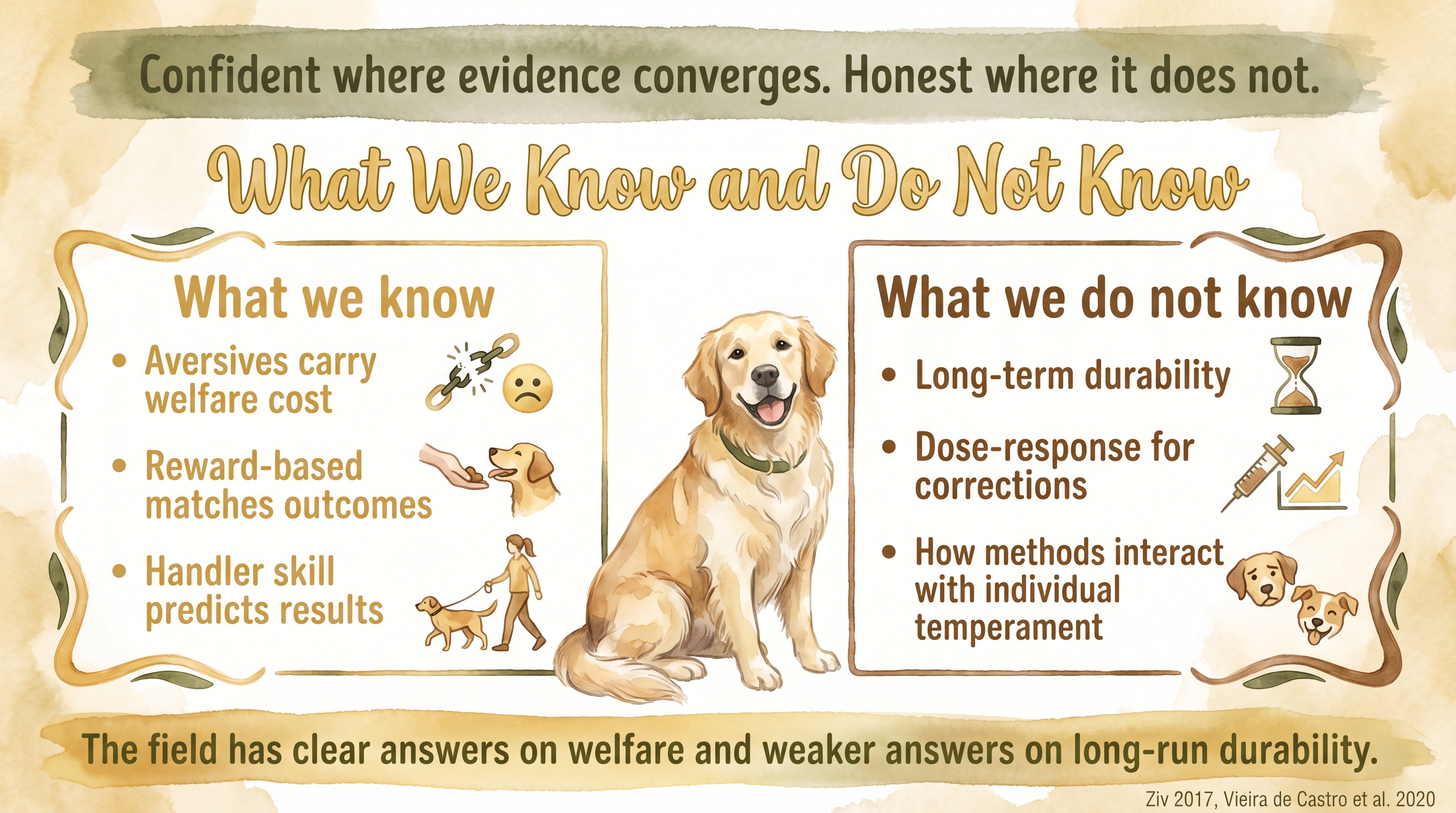 Infographic: What we do and do not know about training methods showing confident and uncertain findings side by side - Just Behaving Wiki
