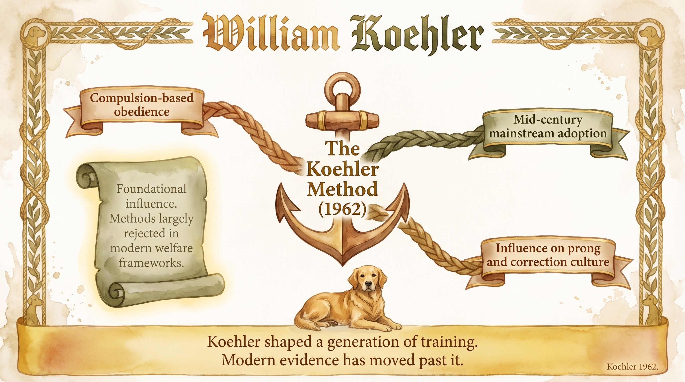 Infographic: William Koehler method showing 1962 text and compulsion-based legacy through correction culture - Just Behaving Wiki