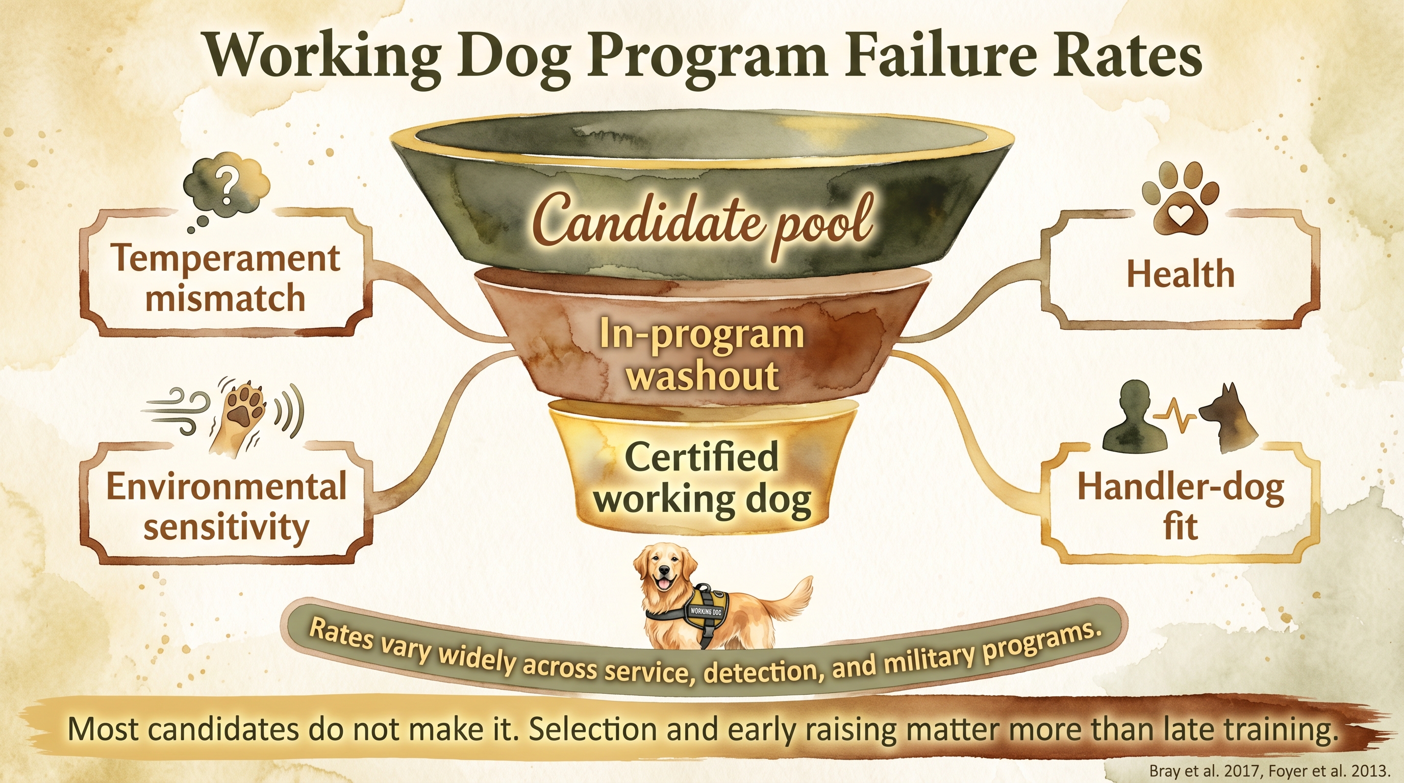 Infographic: Working dog program failure rates showing funnel from candidate pool through four washout reasons - Just Behaving Wiki