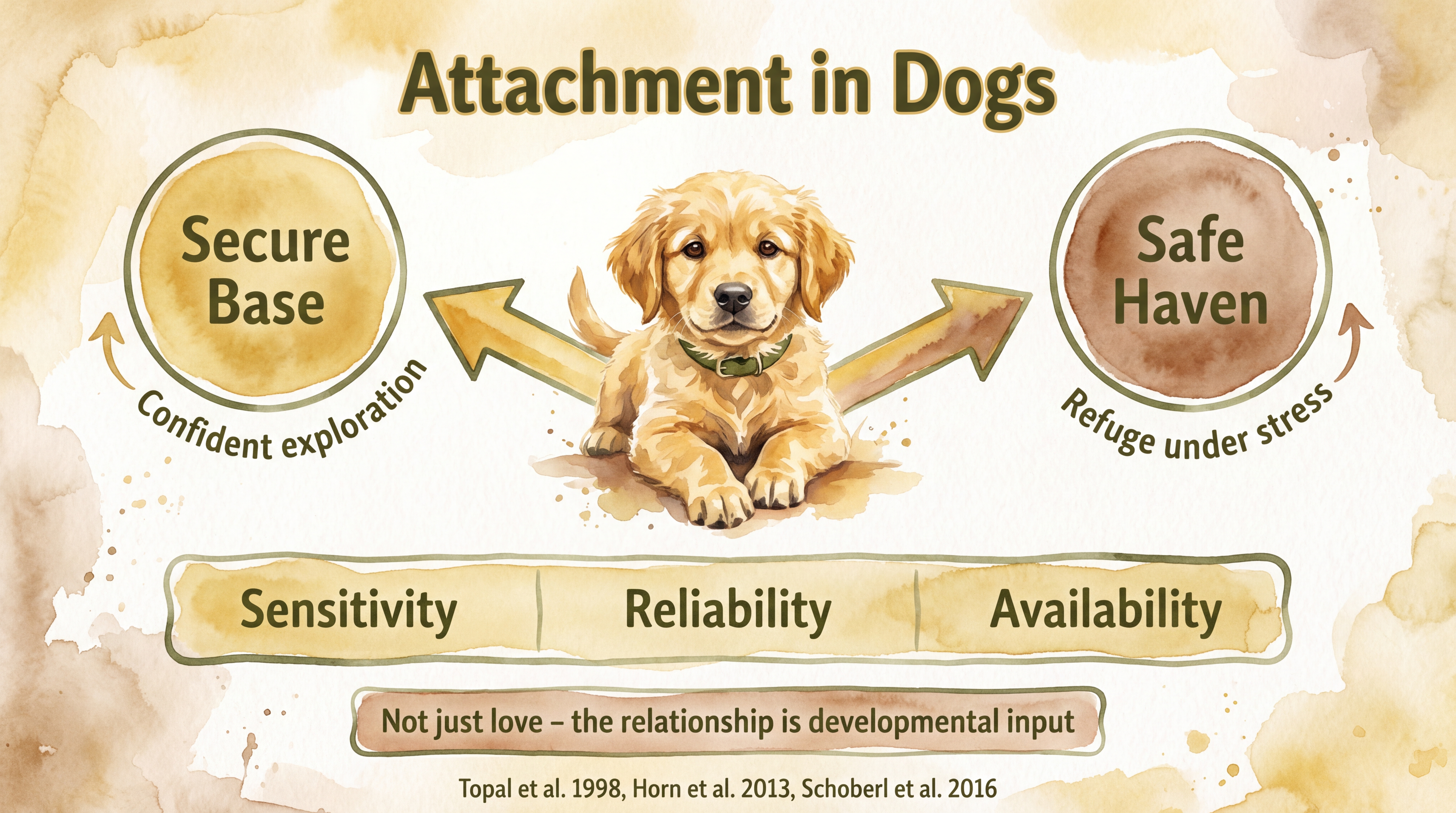 Infographic: Attachment theory in dogs - secure base and safe haven dual function diagram showing how attachment bonds organize puppy behavior - Just Behaving Wiki