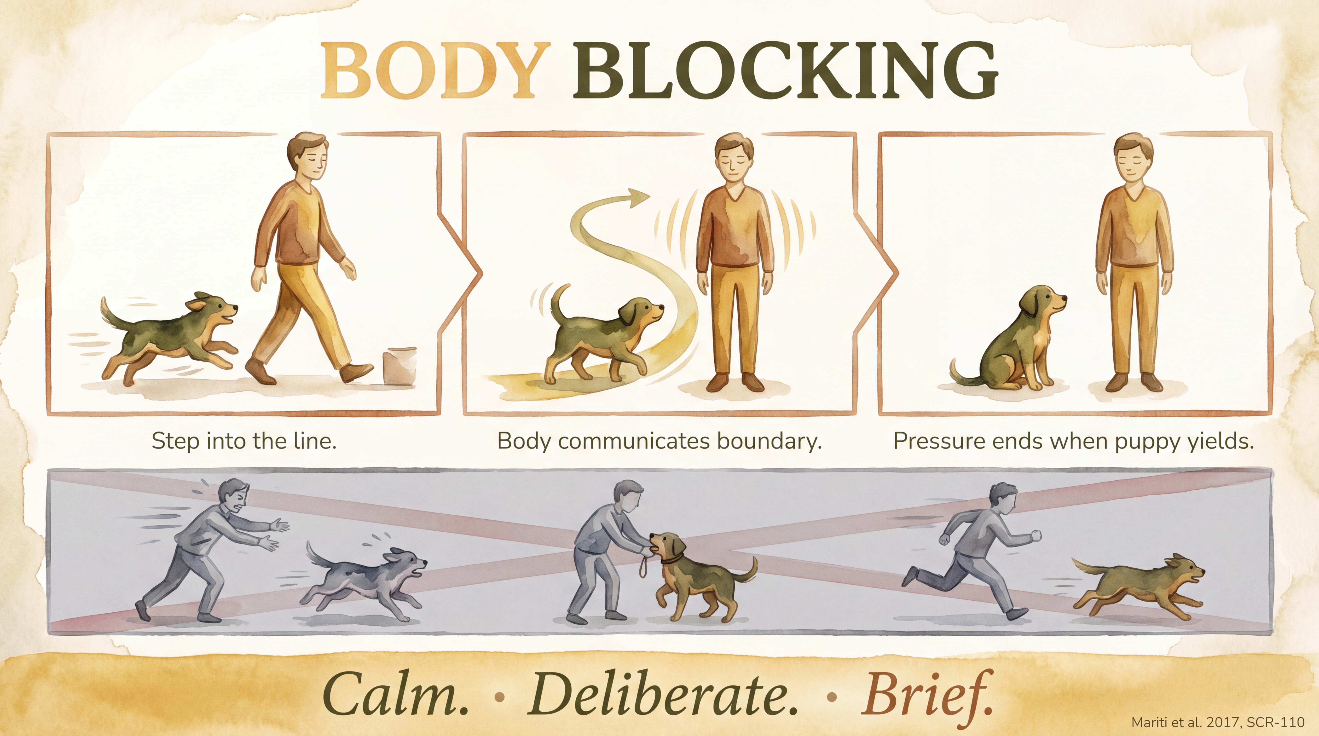 Infographic: Body blocking technique - three-step sequence showing calm redirection of a puppy by stepping into its path without grabbing or chasing - Just Behaving Wiki