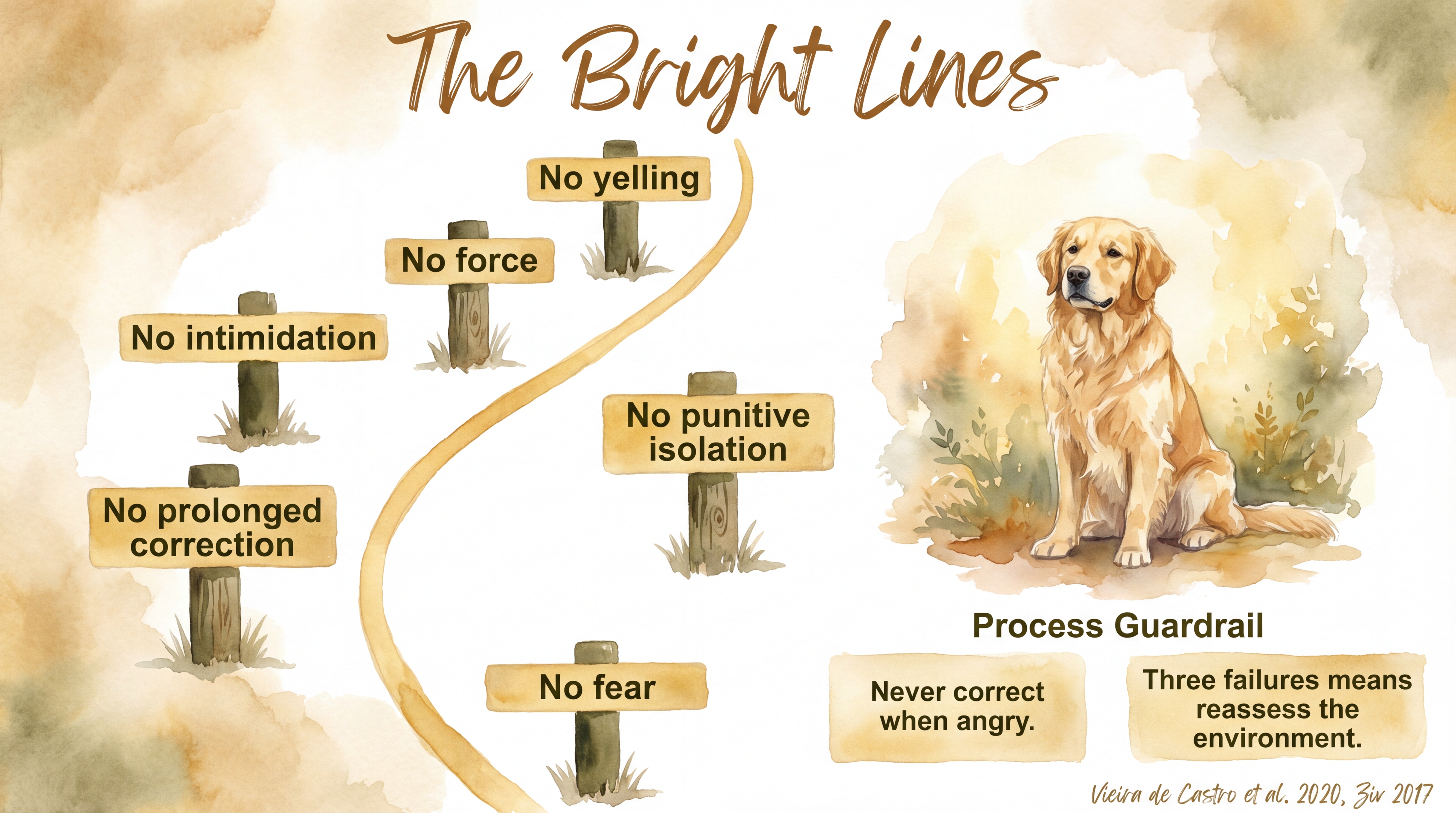 Infographic: Bright line rules - six non-negotiable boundaries defining what indirect correction is not, including no yelling, force, intimidation, or fear - Just Behaving Wiki