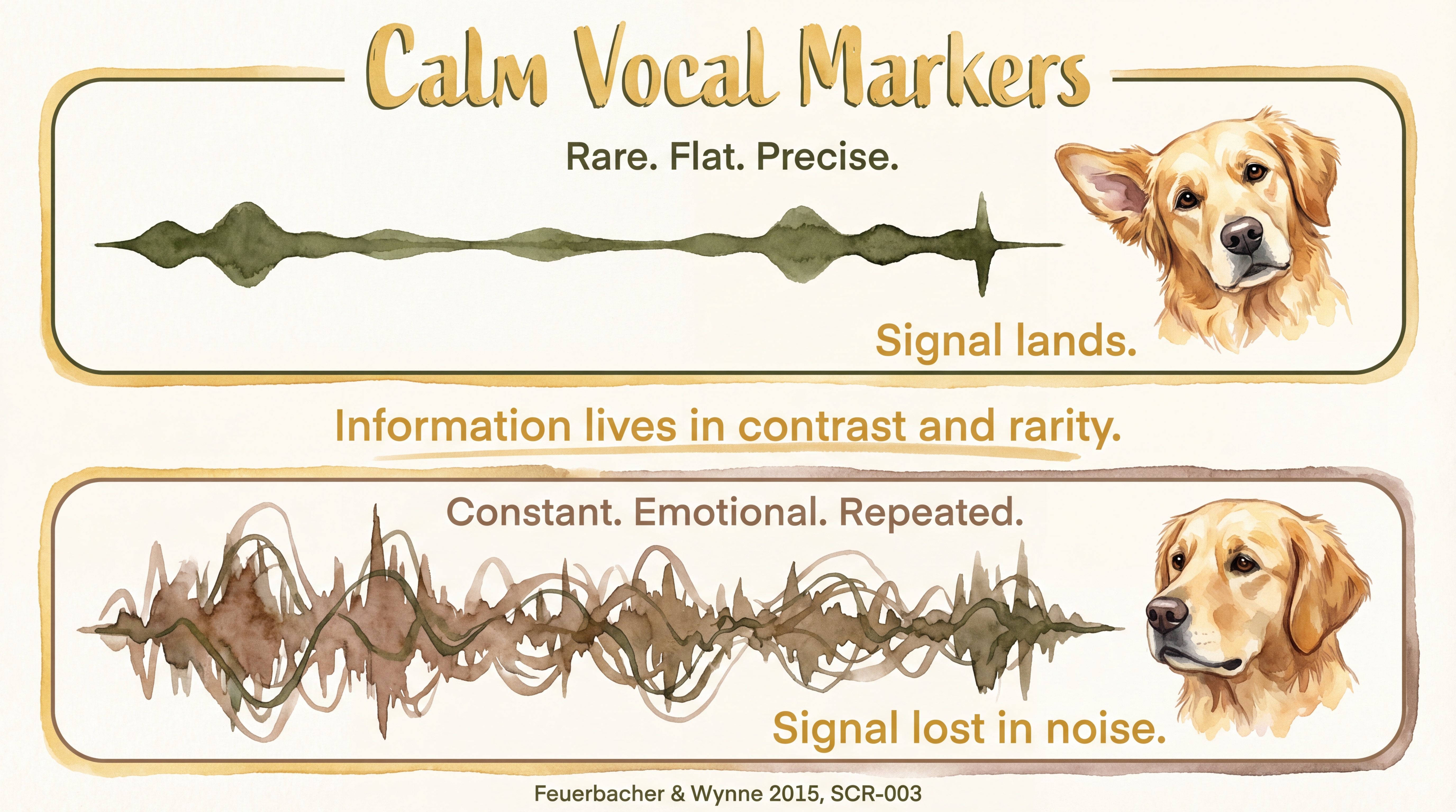 Infographic: Calm vocal markers - contrasting rare precise signals that carry information against constant emotional noise that loses meaning - Just Behaving Wiki