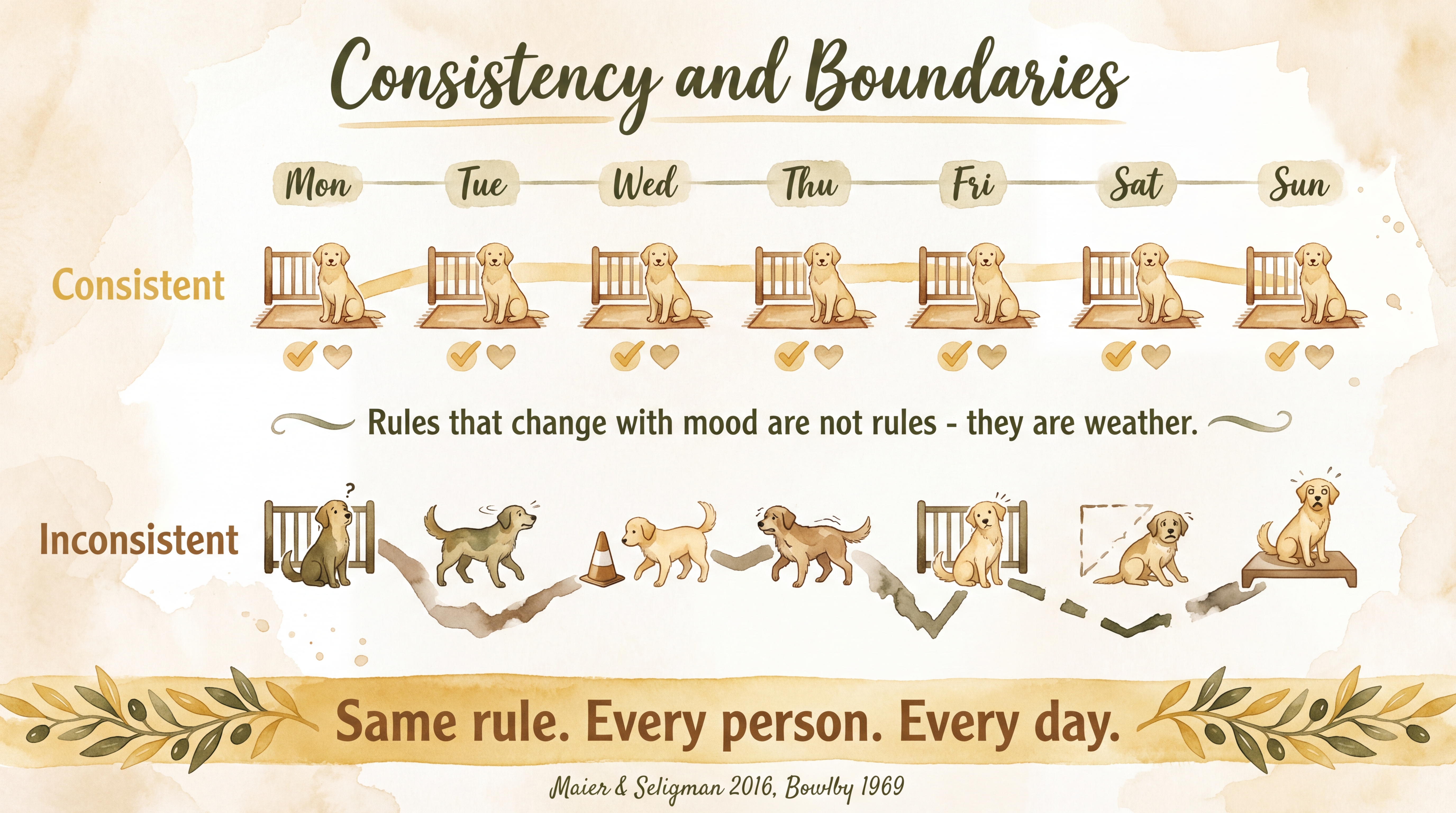 Infographic: Consistency and boundary setting - seven-day comparison showing consistent rules building confidence versus shifting rules creating anxiety - Just Behaving Wiki