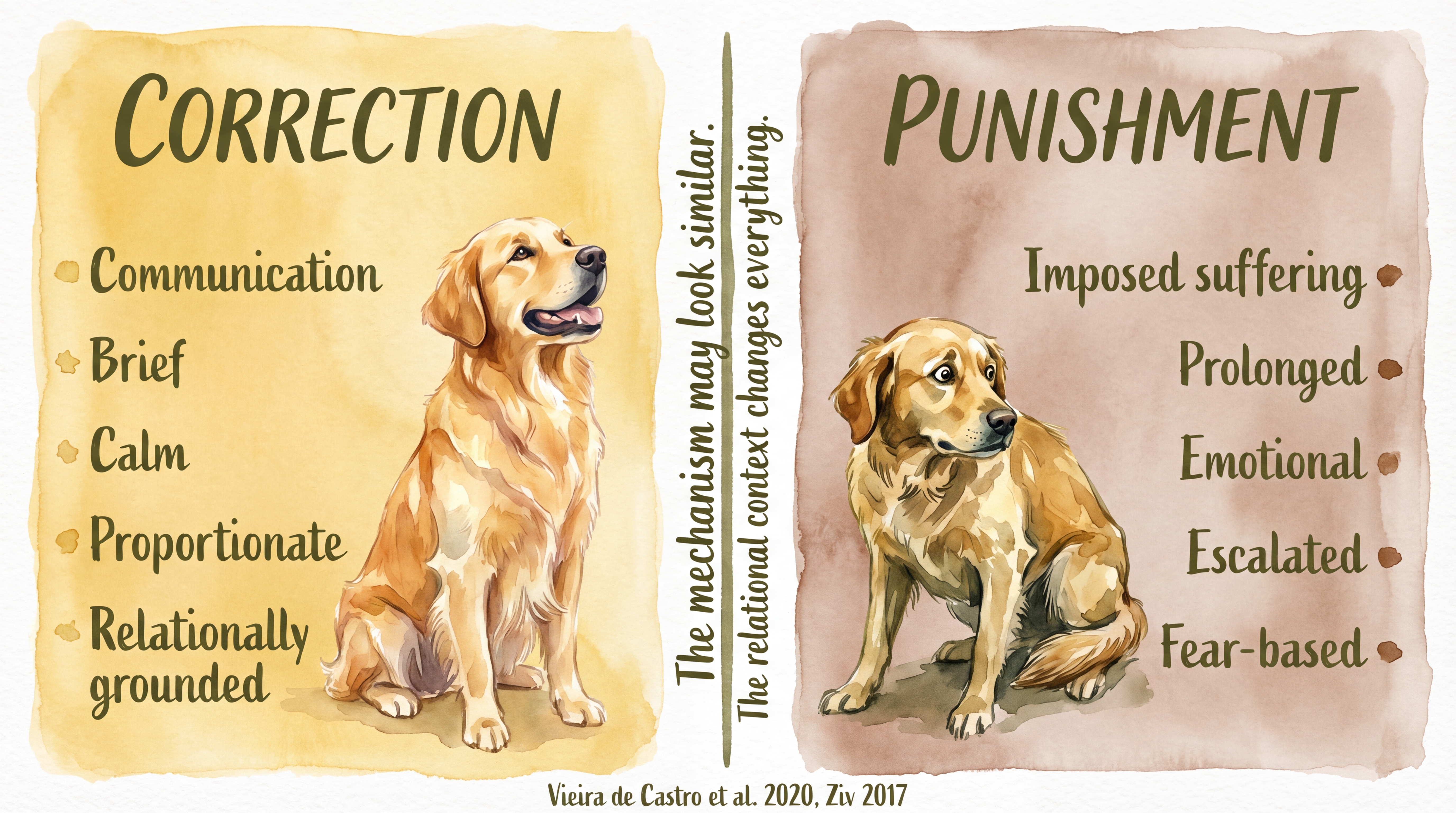 Infographic: Correction versus punishment - side-by-side comparison distinguishing brief calm relational communication from imposed suffering through fear and escalation - Just Behaving Wiki
