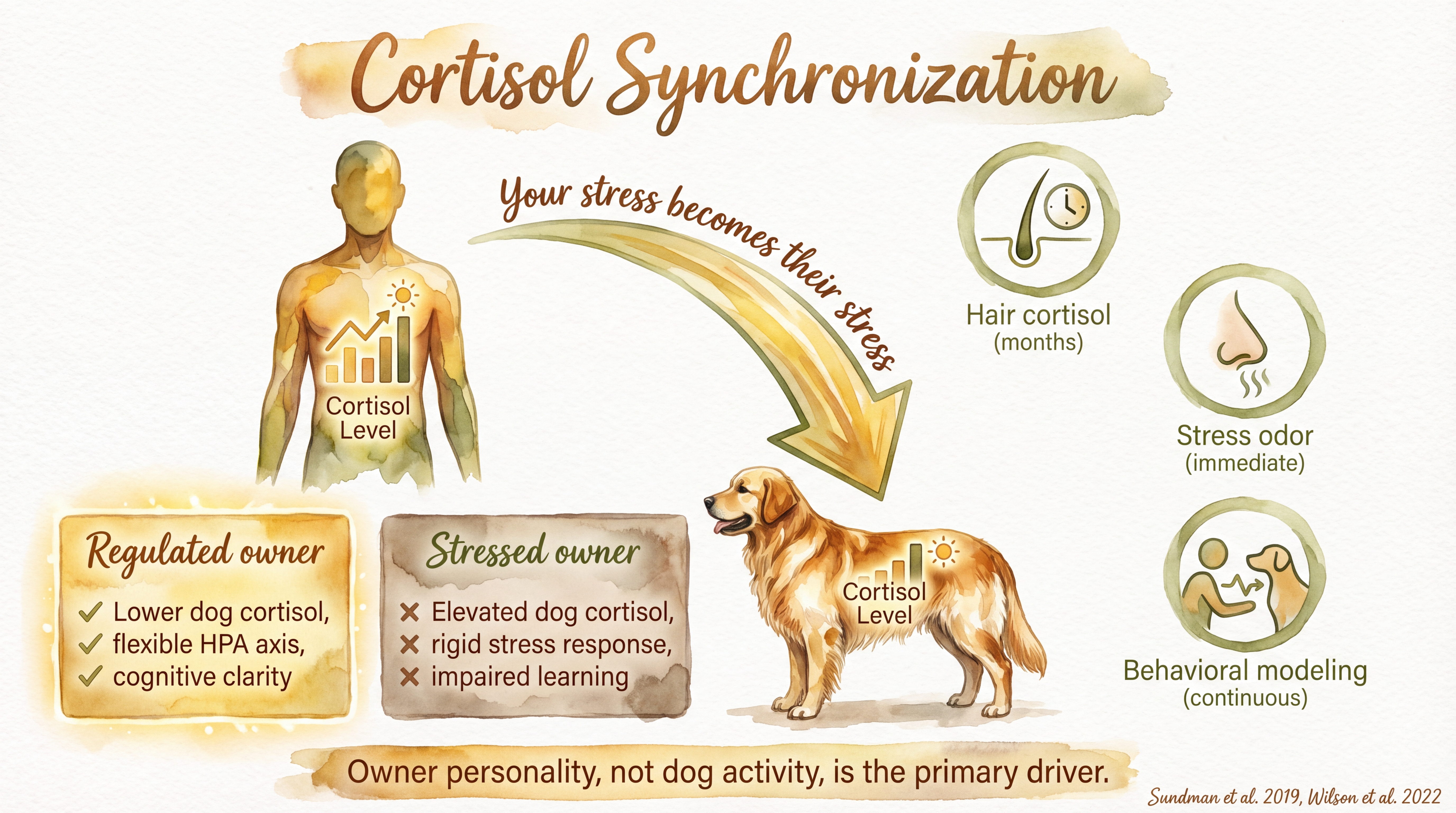 Infographic: Cortisol synchronization - flow diagram showing how owner stress hormones synchronize with dog stress over months through hair cortisol, stress odor, and behavioral channels - Just Behaving Wiki