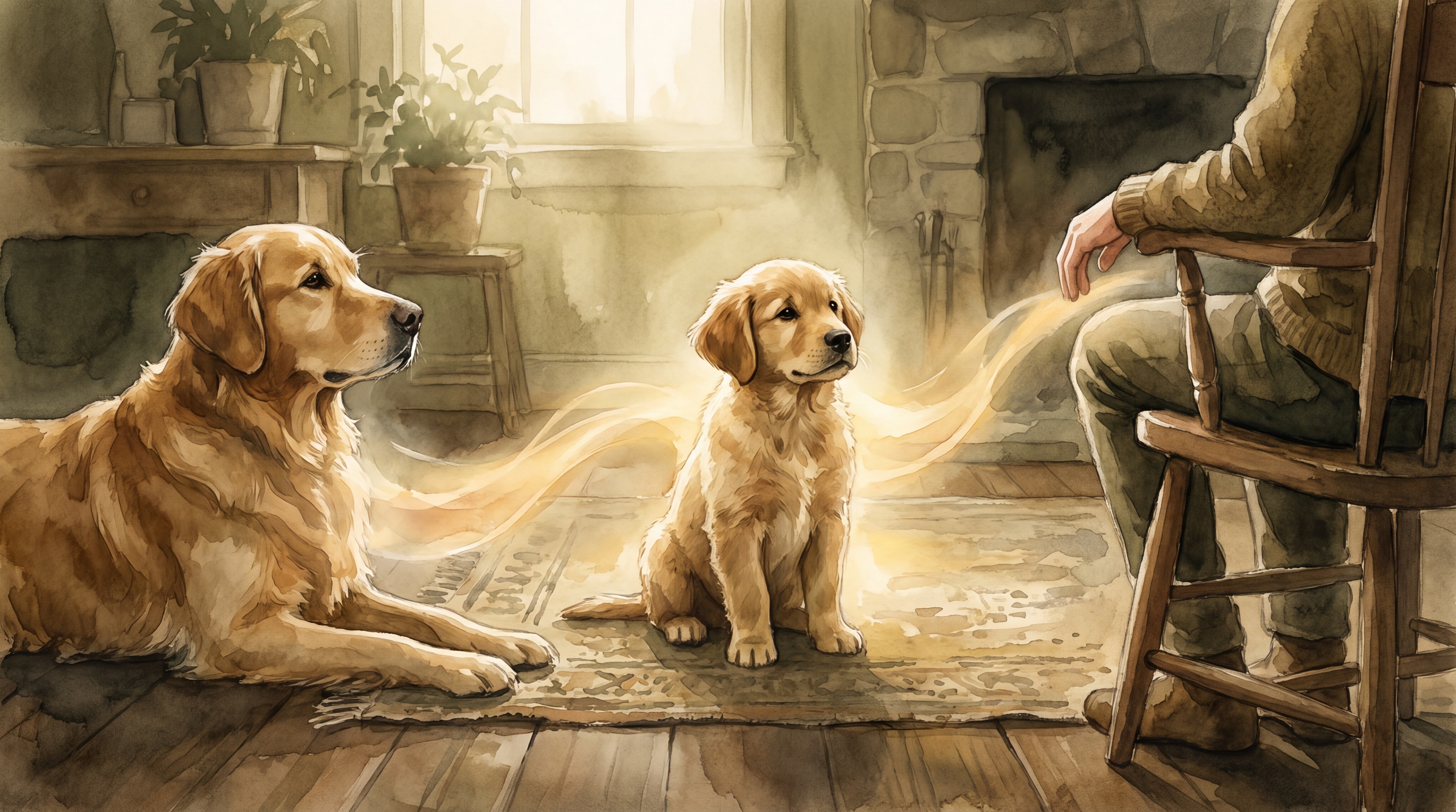 Infographic: The dual mentorship model - watercolor illustration showing two channels of calm adult influence converging on a Golden Retriever puppy, with a composed adult dog on one side and a grounded human figure on the other, visualizing how puppies learn simultaneously from canine and human mentors - Just Behaving Wiki