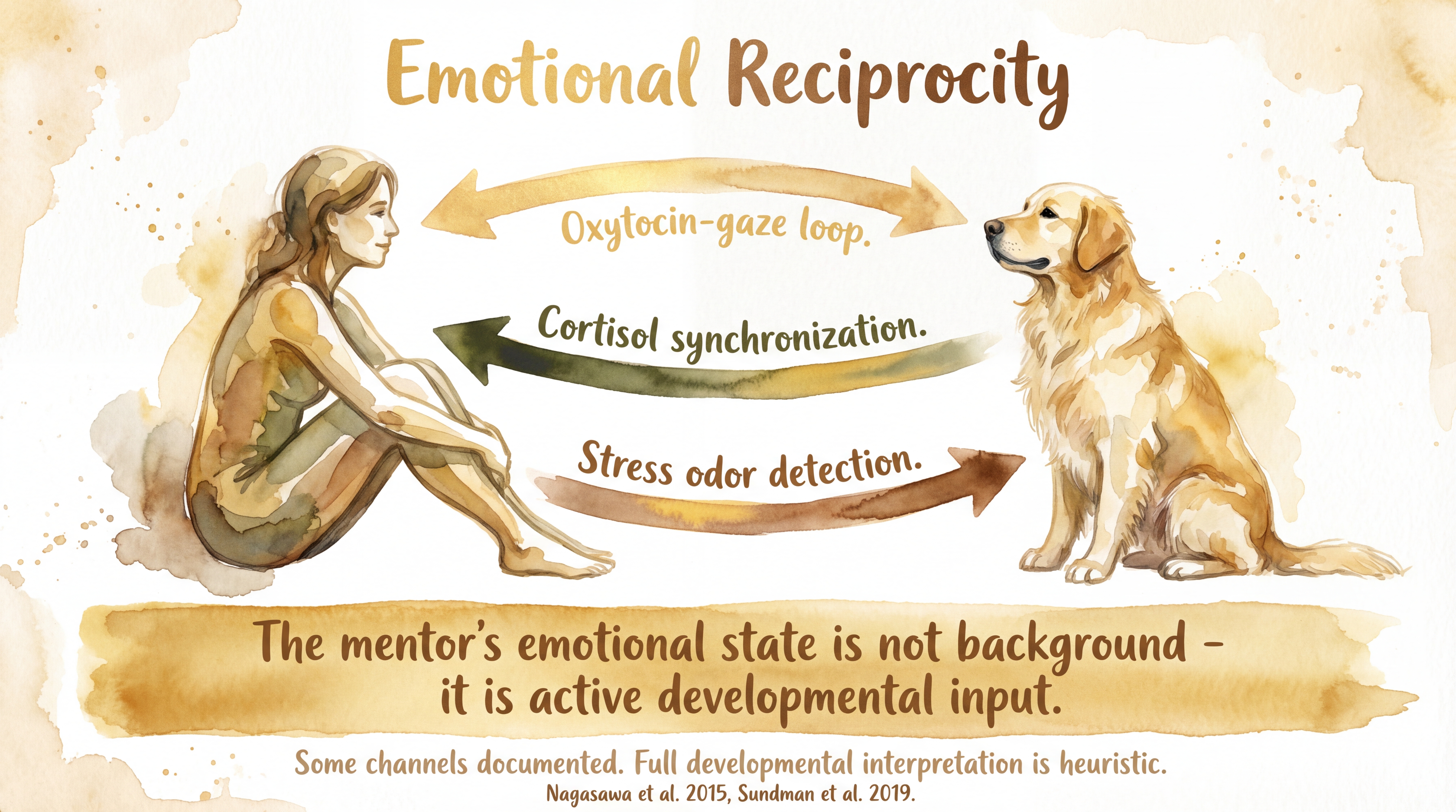 Infographic: Emotional reciprocity - bidirectional physiological coupling between human and dog through oxytocin-gaze loop, cortisol synchronization, and stress odor detection - Just Behaving Wiki