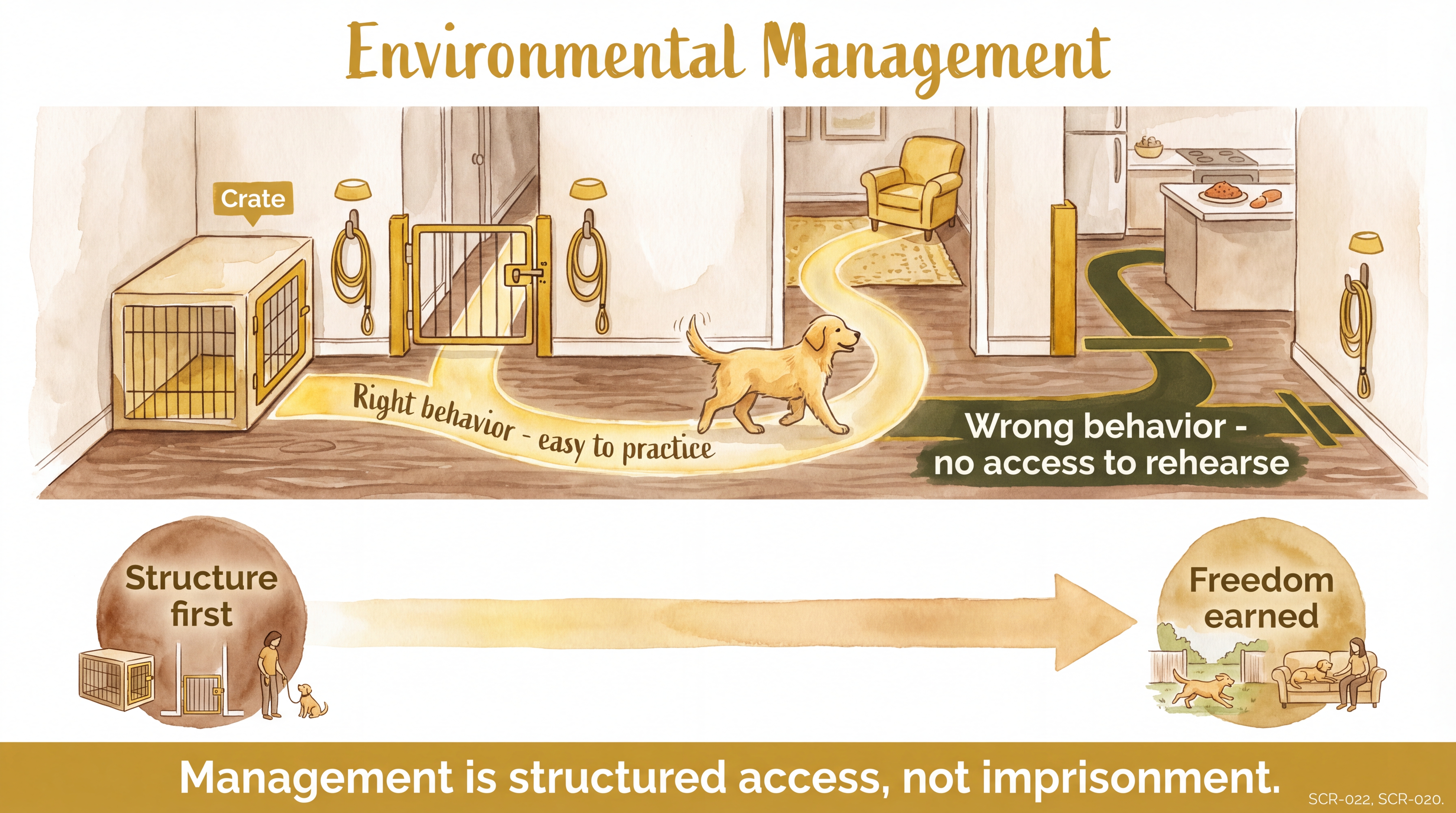 Infographic: Environmental management - structured access through gates, crates, and supervision making right behaviors easy to practice while blocking rehearsal of wrong behaviors - Just Behaving Wiki