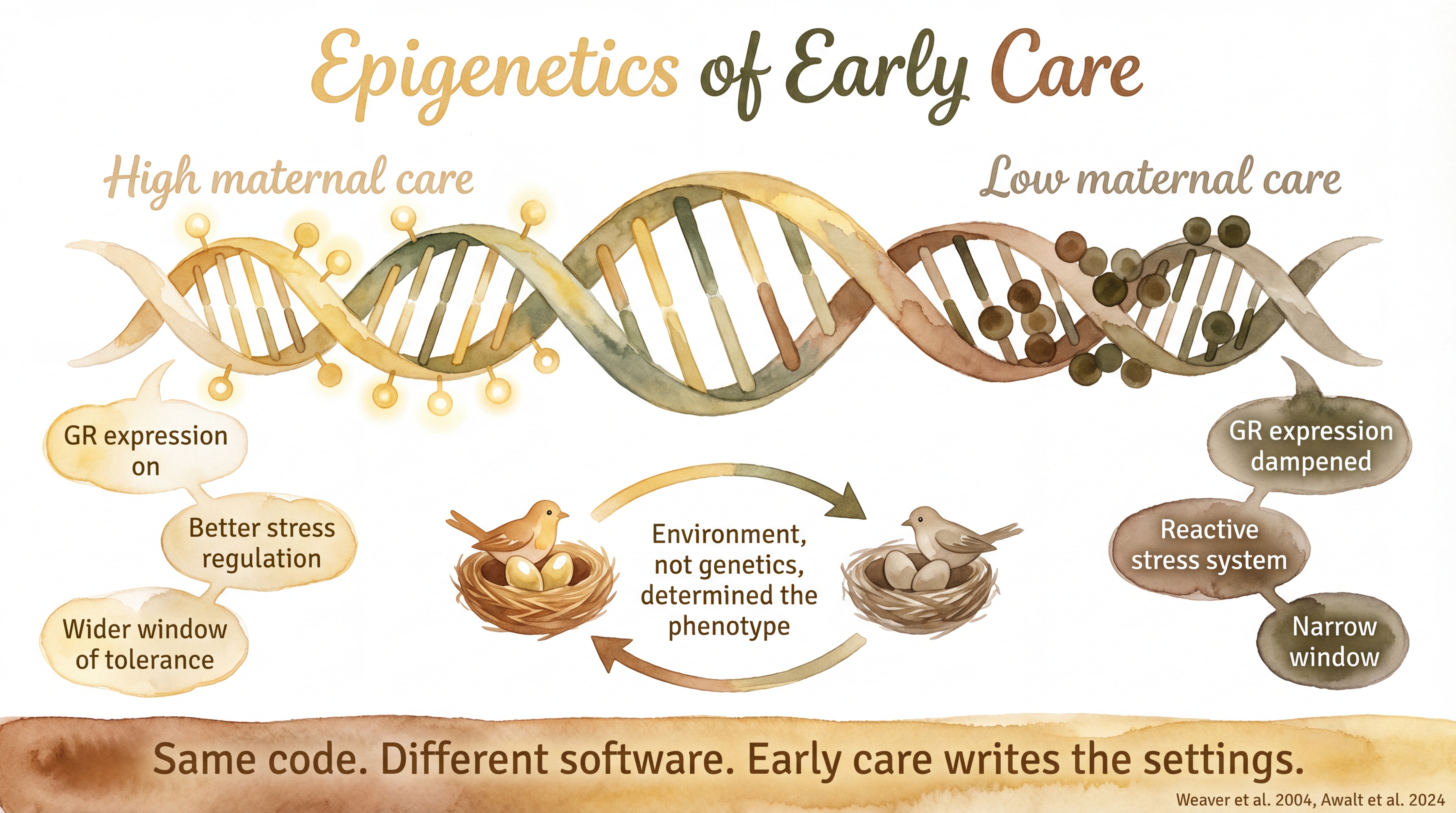 Infographic: Epigenetic effects of maternal care - DNA methylation diagram showing how early caregiving environments shape gene expression governing the stress response across mammalian species - Just Behaving Wiki