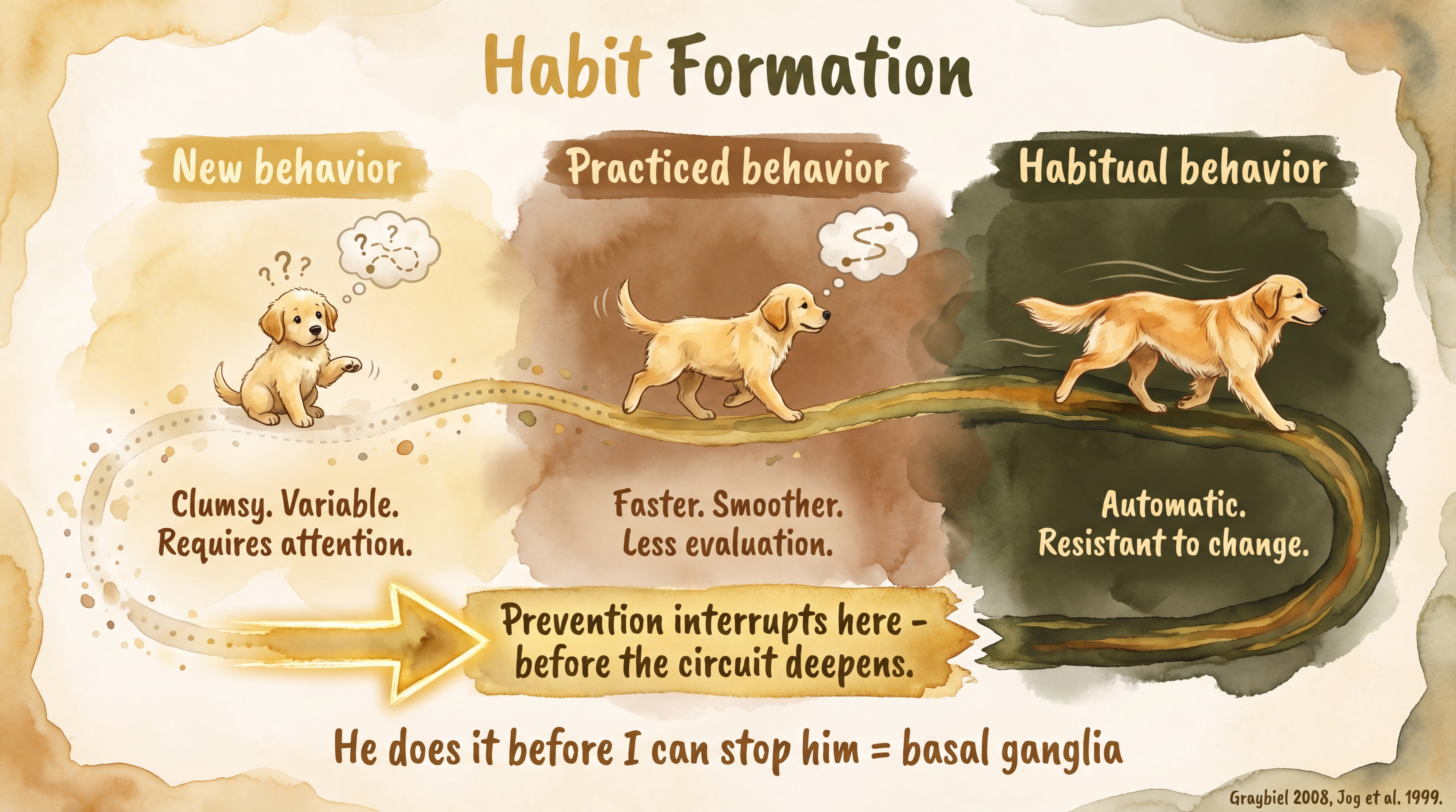 Infographic: Habit formation and basal ganglia transfer - three-stage progression from new behavior through practiced behavior to automatic habitual behavior with prevention intervention point - Just Behaving Wiki
