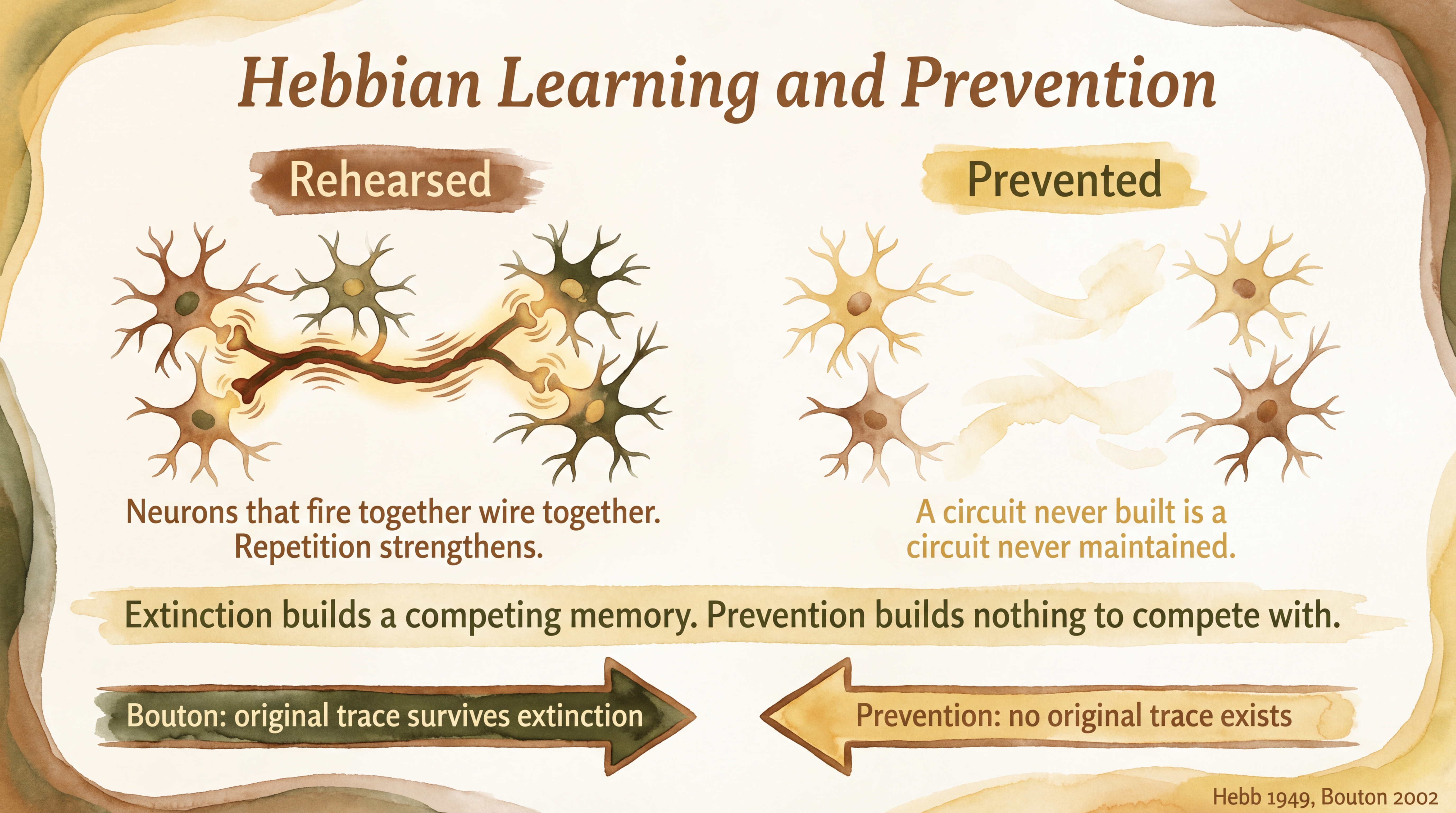Infographic: Hebbian learning and prevention - contrasting rehearsed neural pathways that strengthen with repetition against prevented circuits that were never built - Just Behaving Wiki