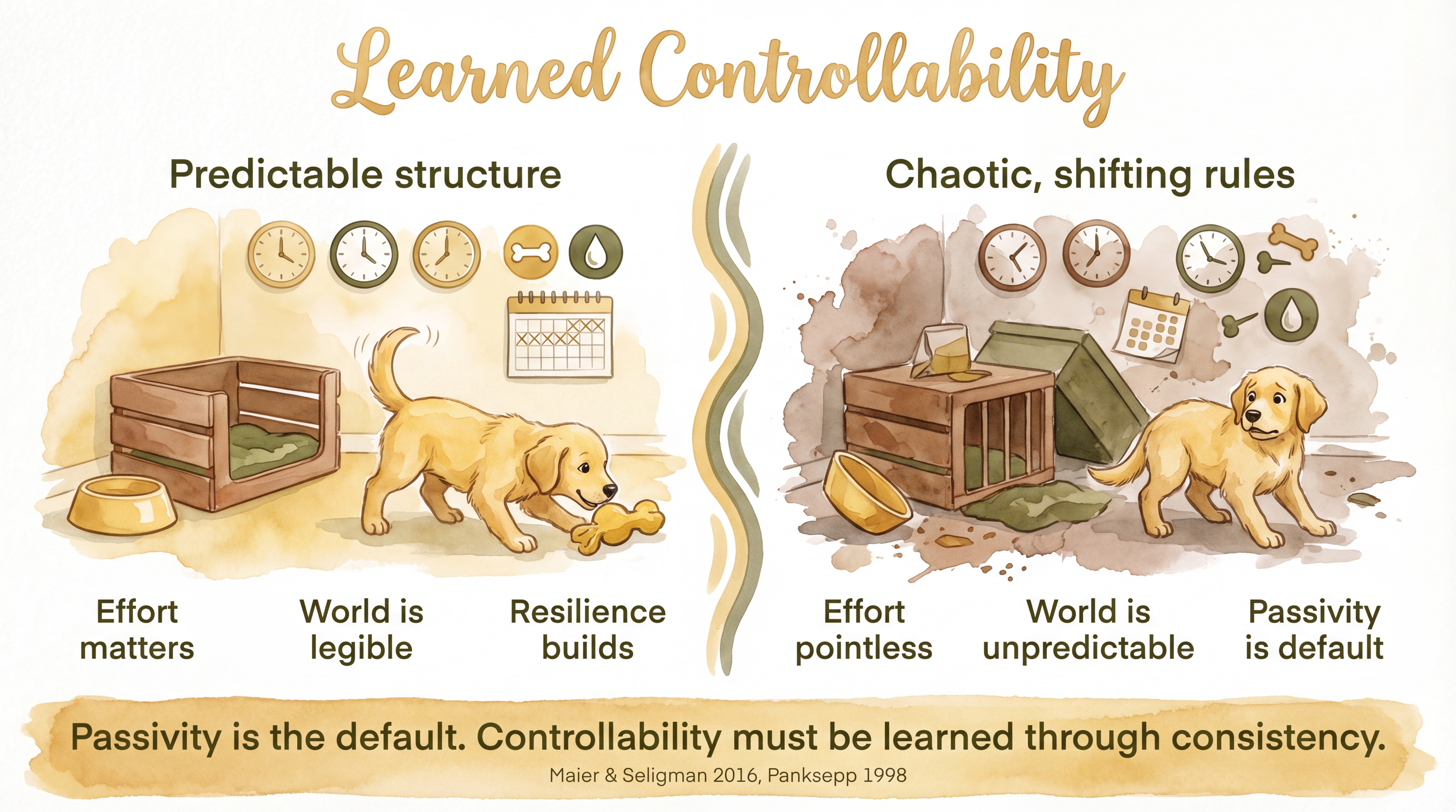 Infographic: Learned controllability - comparing predictable structured environments that build resilience against chaotic shifting environments that produce passivity - Just Behaving Wiki