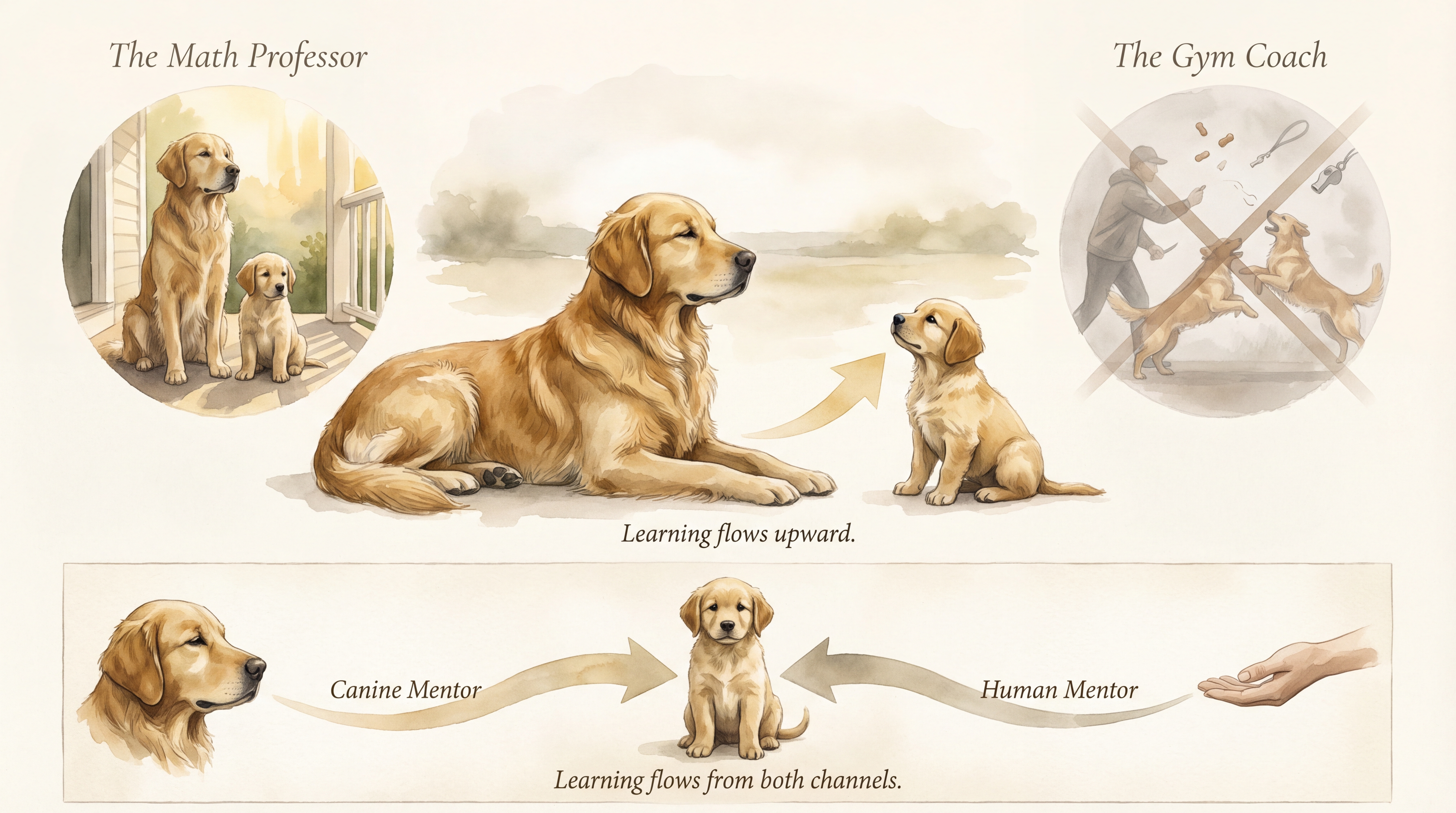 Infographic: Mentorship - The Dual Mentorship Model showing observational learning from calm adult dogs and guided human leadership - Just Behaving Wiki