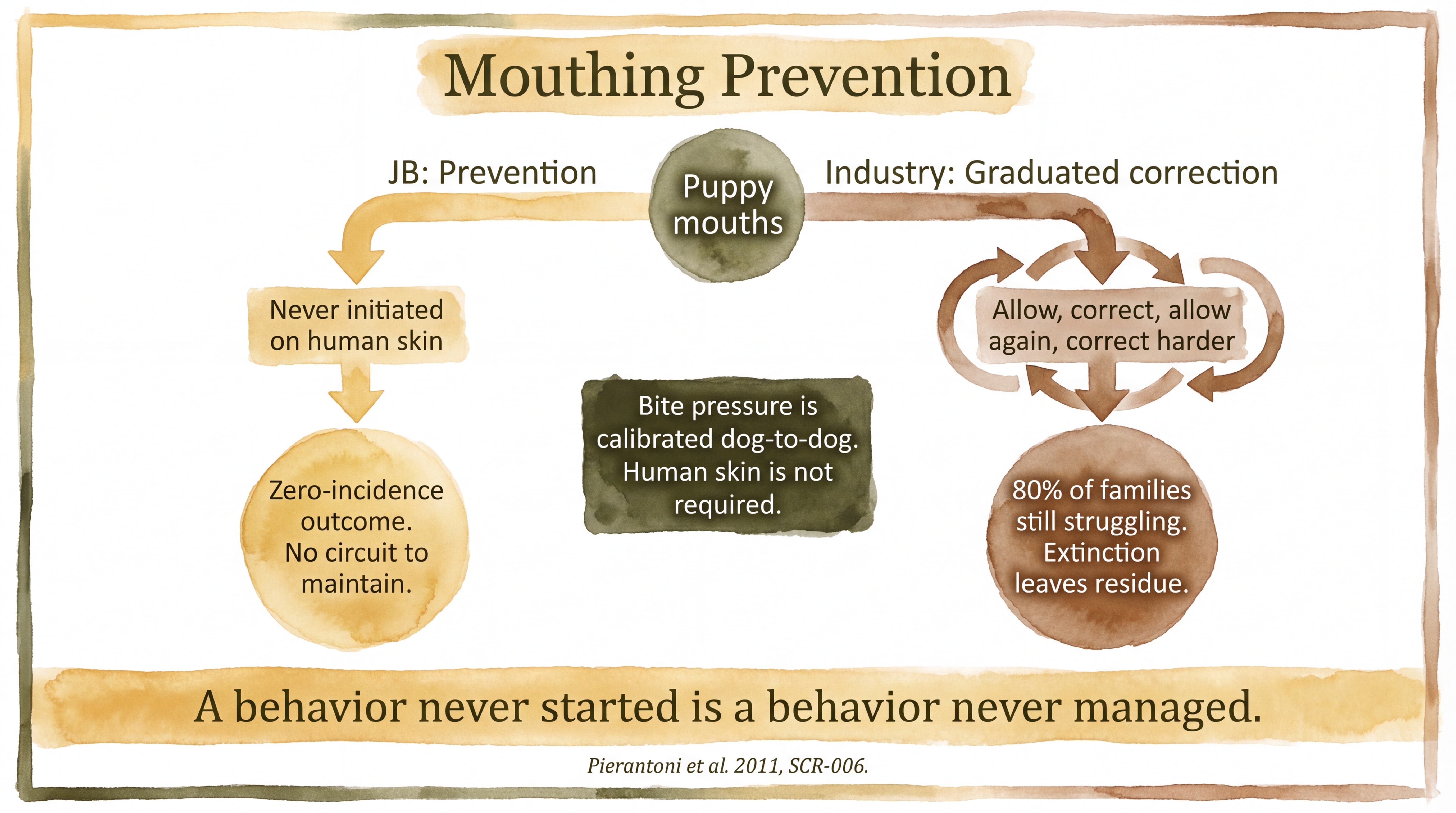 Infographic: Mouthing and nipping prevention - diverging pathways comparing zero-incidence prevention outcome against the industry correction cycle that leaves extinction residue - Just Behaving Wiki