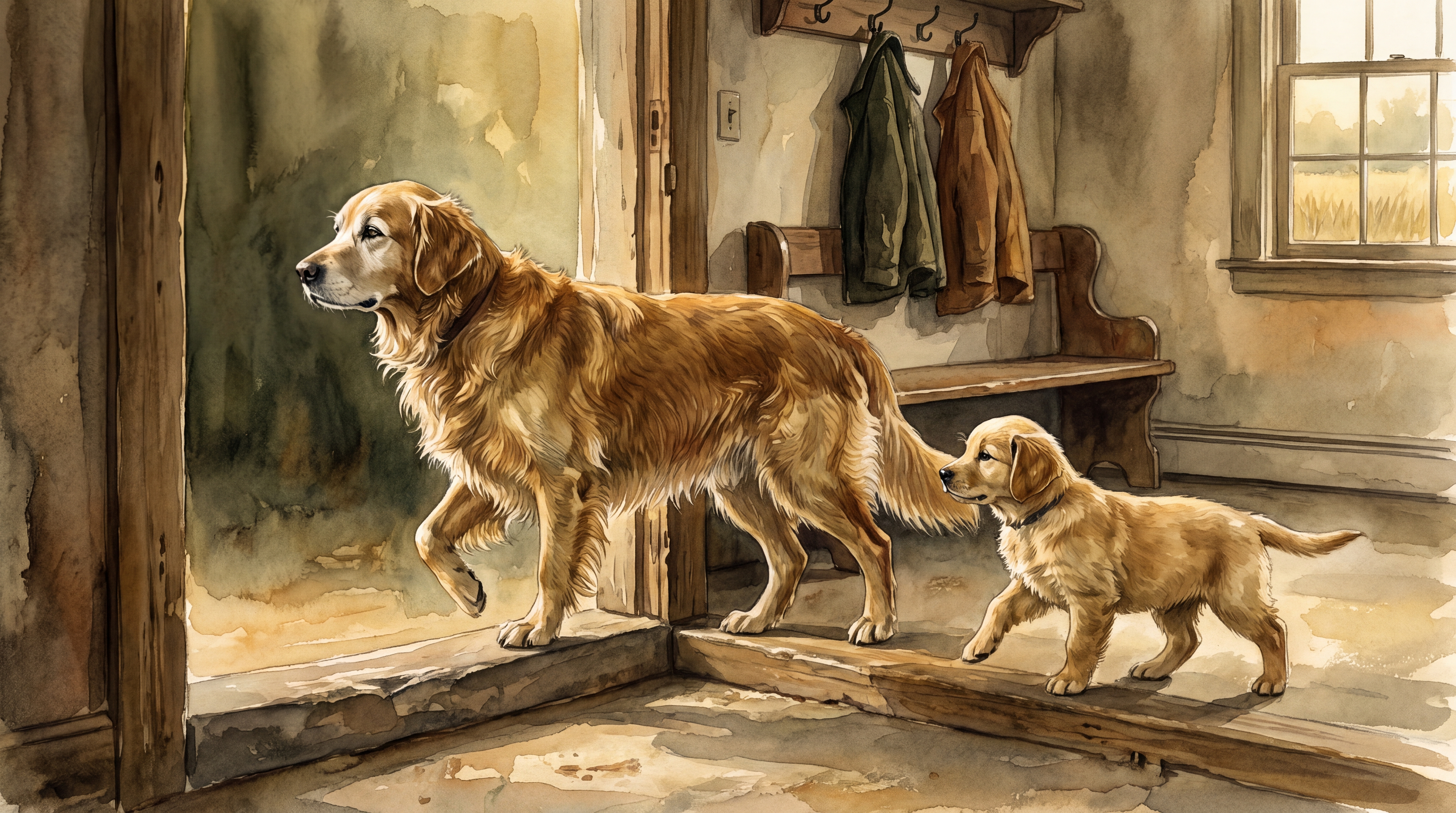 Infographic: Overimitation in dogs - watercolor illustration of a Golden Retriever puppy precisely mirroring an adult Golden Retriever's specific doorway posture and movement style, depicting how puppies copy the whole method rather than just the outcome - Just Behaving Wiki