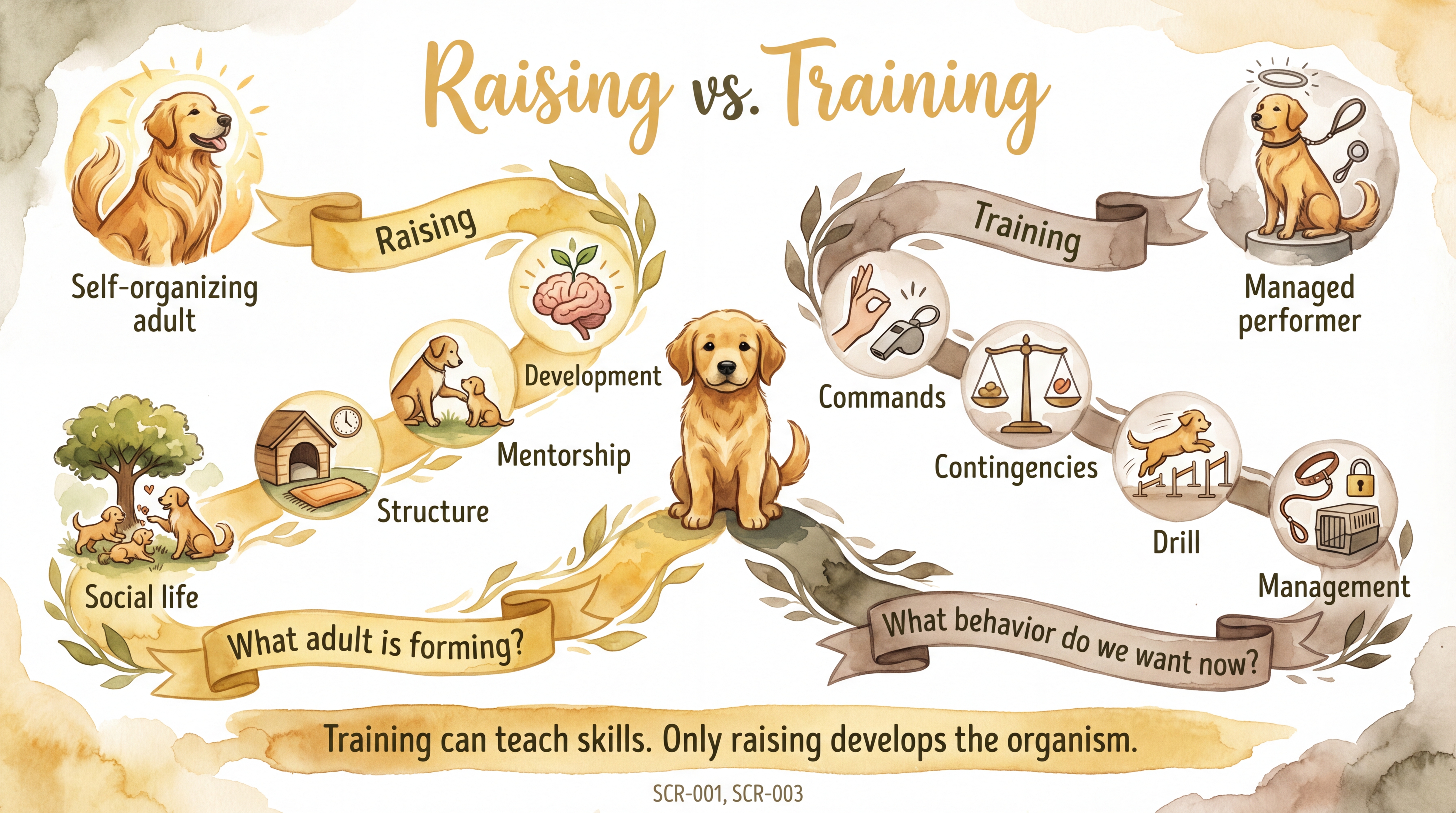 Infographic: Raising versus training - two diverging pathways from puppy to adult showing developmental raising producing a self-organizing dog versus formal training producing a managed performer - Just Behaving Wiki