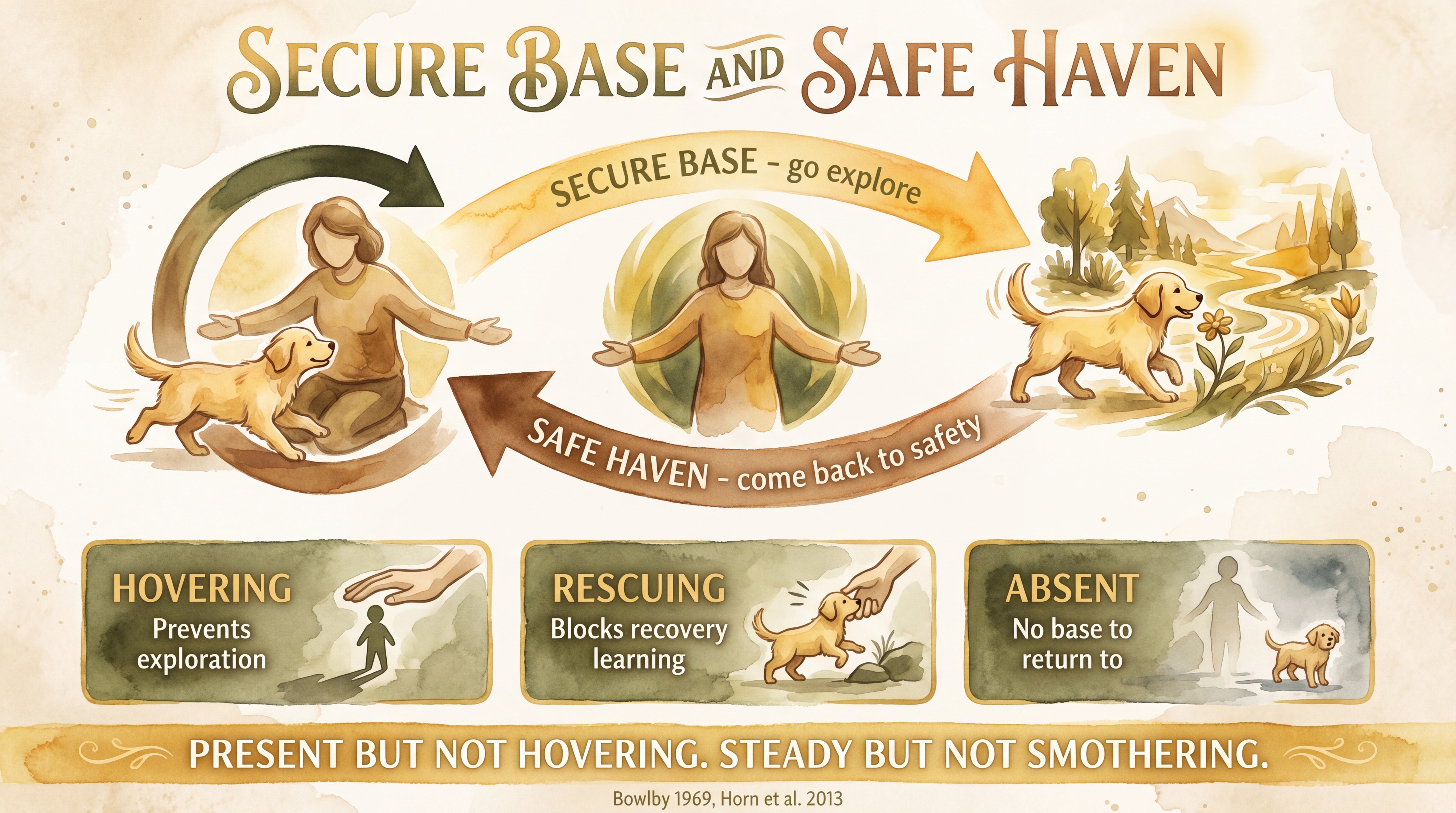 Infographic: Secure base and safe haven - circular exploration-recovery cycle showing the caregiver as anchor for confident outward exploration and reliable return under stress - Just Behaving Wiki