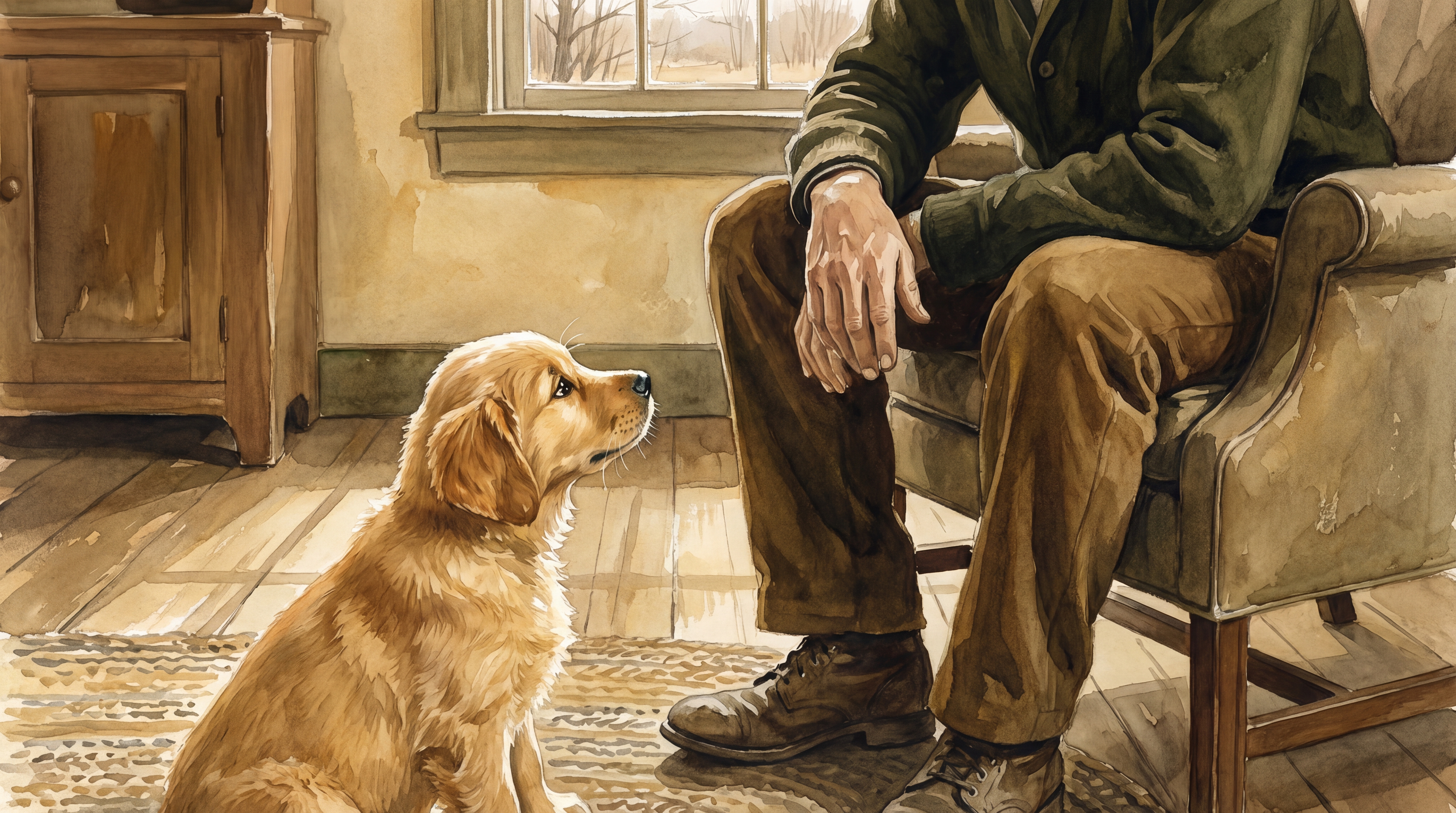 Infographic: Sensitive responsiveness - watercolor illustration of a Golden Retriever puppy approaching a calm seated human with soft uncertain eyes, the human offering quiet acknowledgment without hovering or dramatizing, depicting readable and available caregiving - Just Behaving Wiki