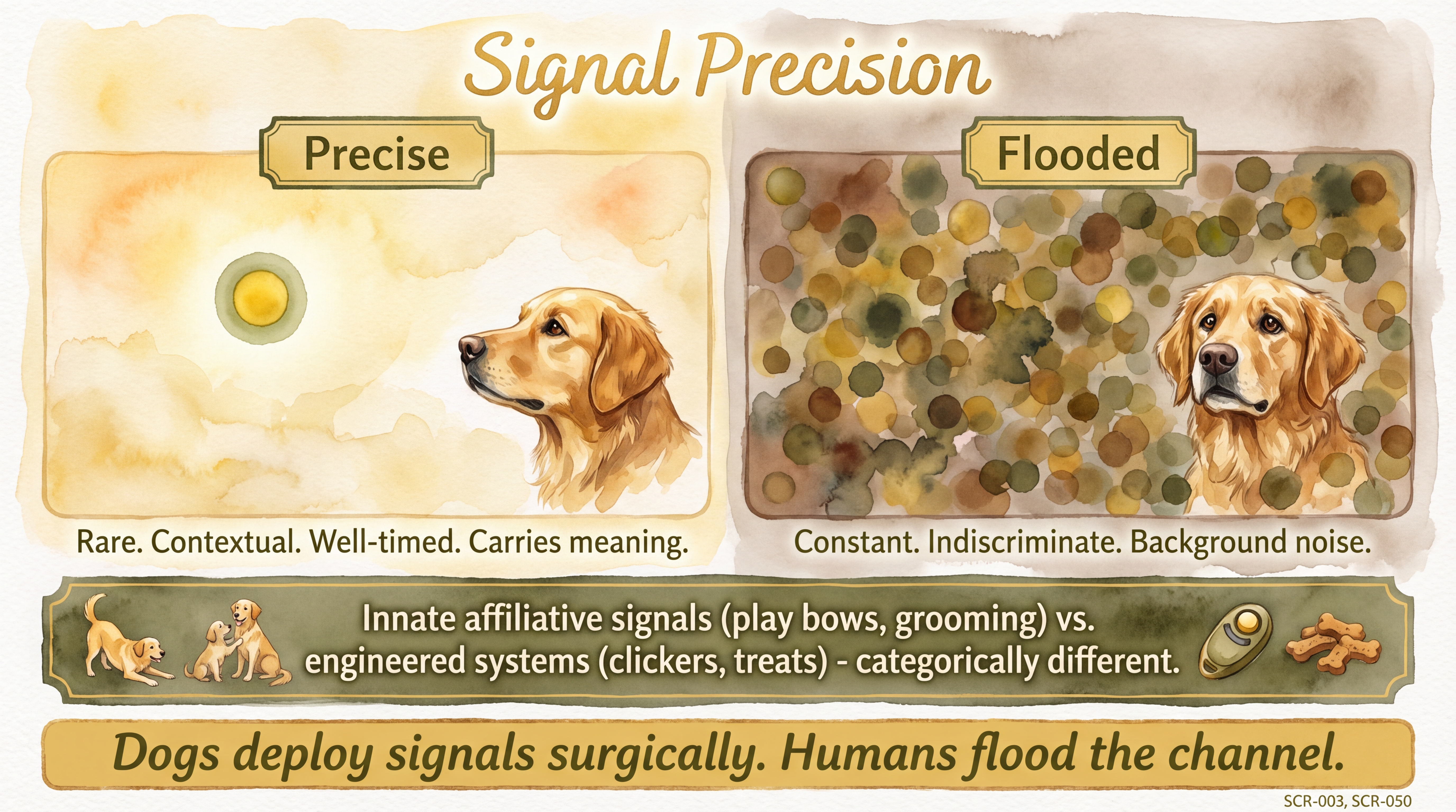 Infographic: Signal precision - contrasting rare contextual well-timed signals that carry meaning against constant indiscriminate output that becomes background noise - Just Behaving Wiki