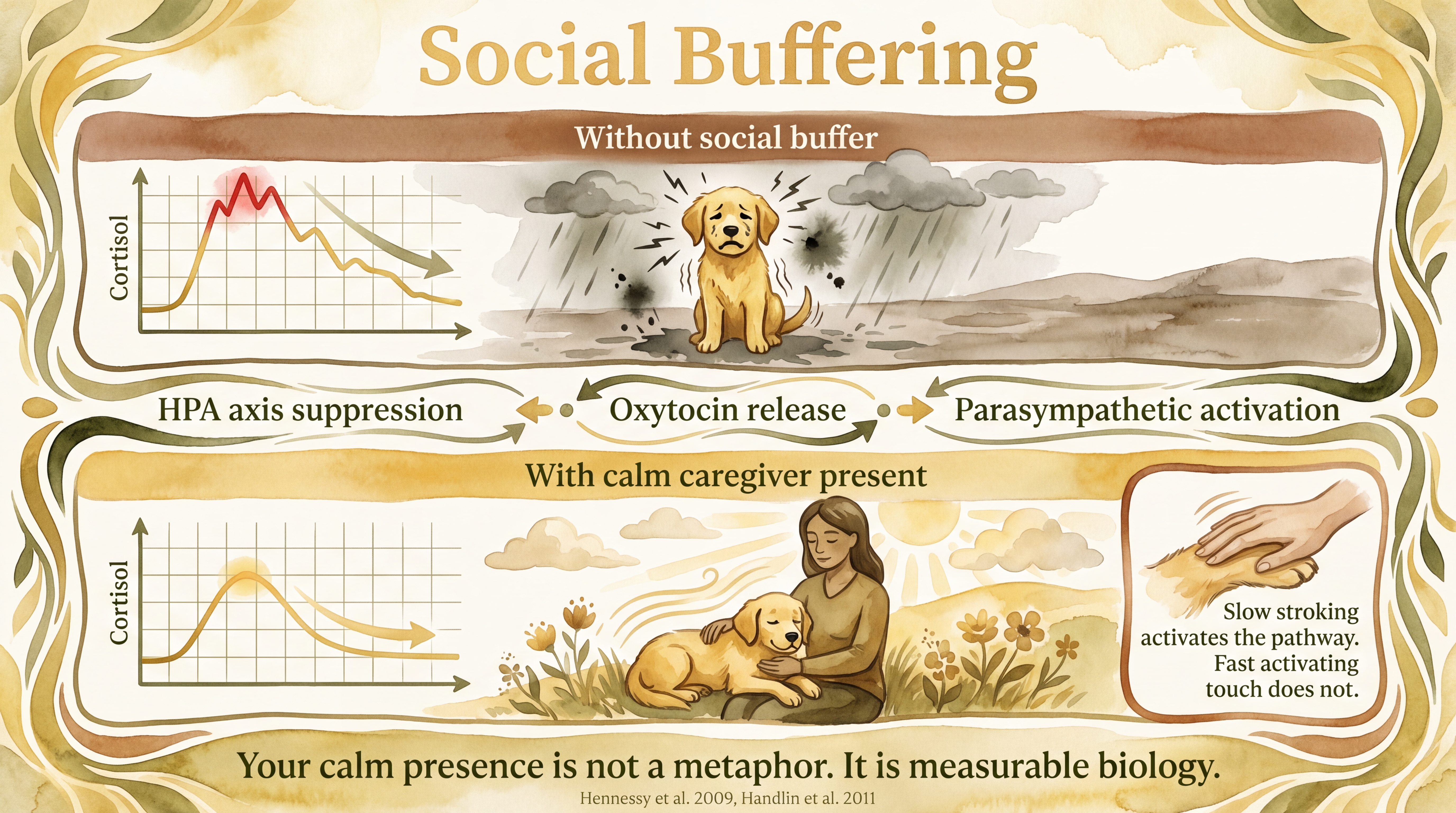 Infographic: Social buffering - stress response curves comparing cortisol peak and recovery with and without a calm caregiver present through HPA axis and oxytocin mechanisms - Just Behaving Wiki